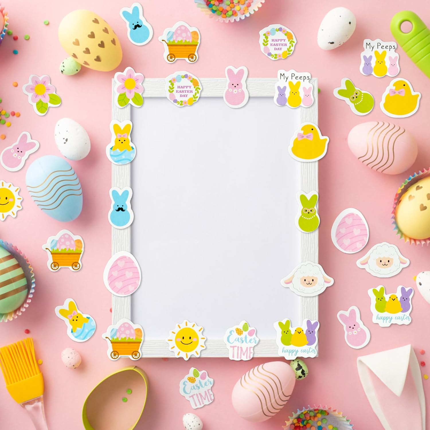 Haooryx 300Pcs Cartoon Easter Foam Sticker, Candy Color Summer Theme Buuny Peeps Chicks Egg Shaped Self-Adhesive EVA Foam Sticker Cute Puffy Sticker for Spring Summer Theme Party Supplies image number 2