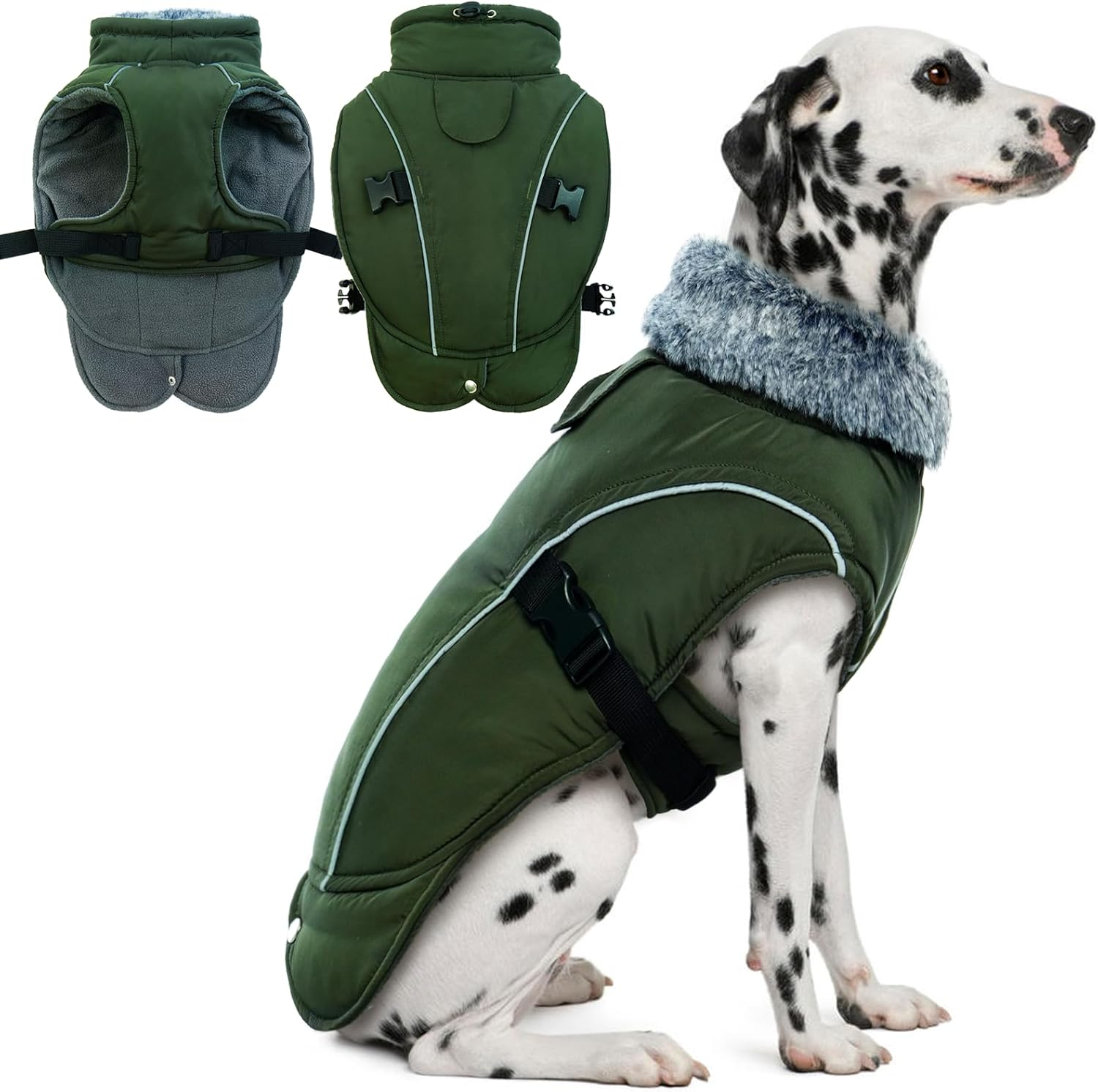 DENTRUN Large Dog Coat - Thick Fleece Lined Reflective Winter Jacket, Snap Closure & Leash Hole, Warm Thick Fleece Lined, Plush Turtleneck Vest for German Shepherd, Army Green, XXL image number 3