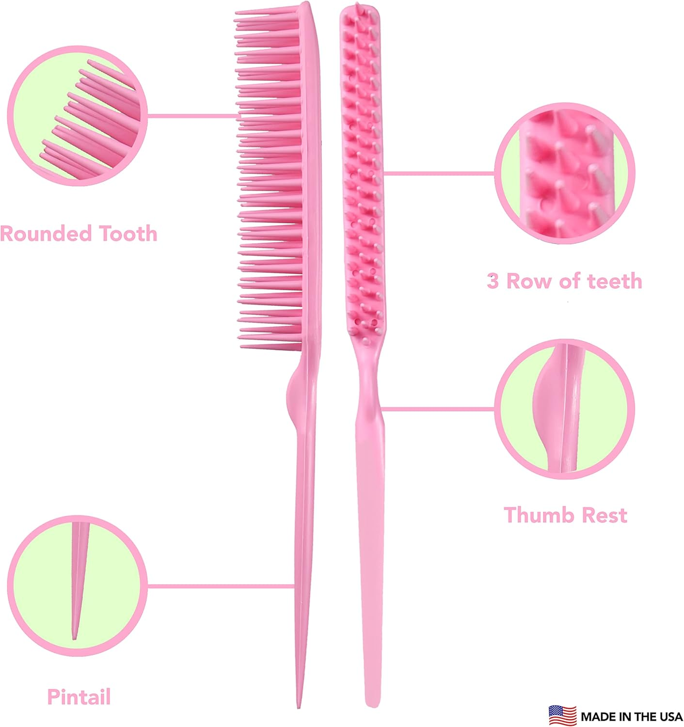Allegro Combs 60 Parting Three Row Combs Salon Hairstylist Hairdresser Detangle Combs for Natural Hair and Wigs for Curly Hair Made in the Usa 2 Pcs. (Light Pink) image number 3