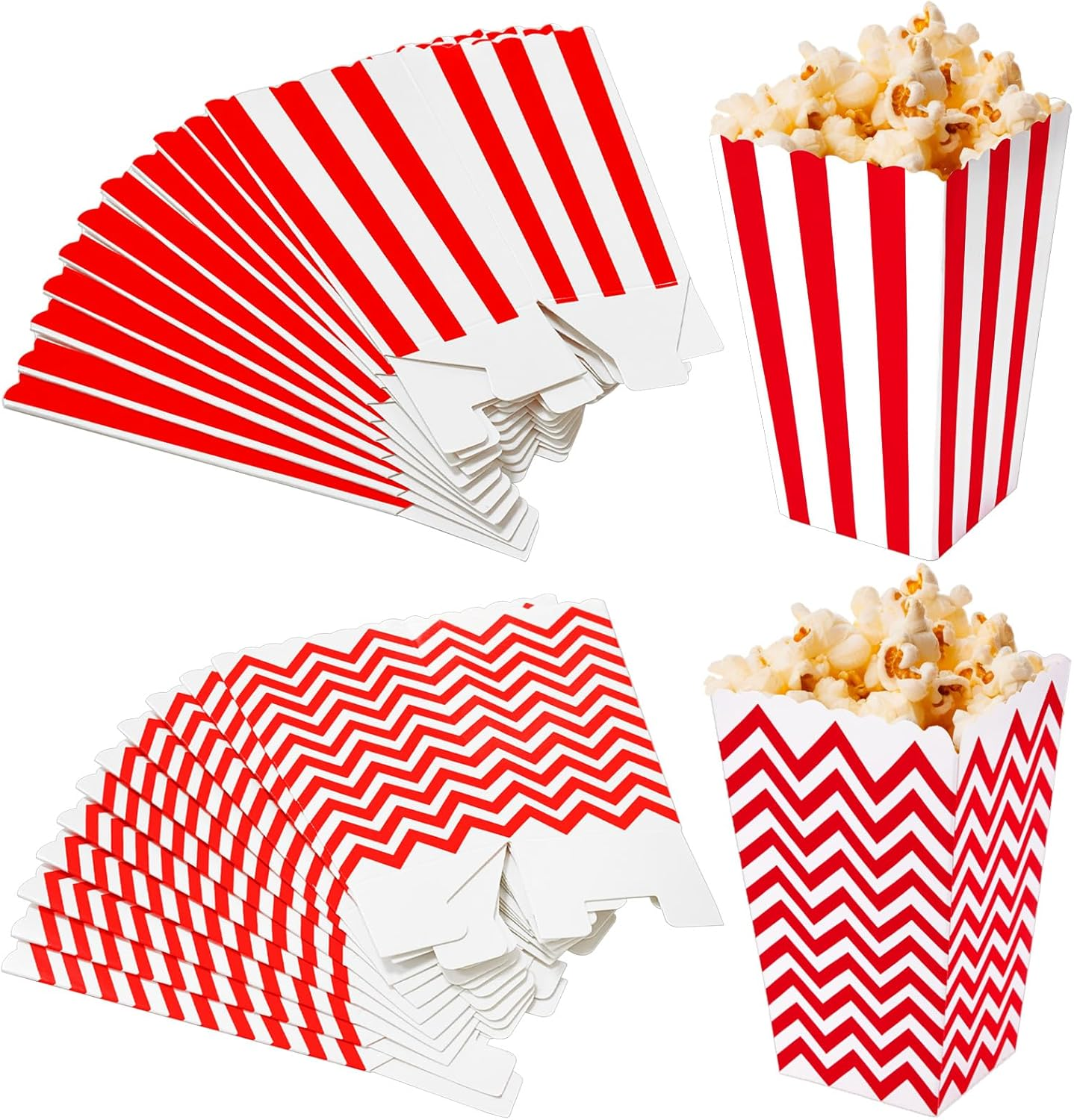 TEAONE Popcorn Boxes Bulk, 24 PCS Red Popcorn Bowl for Movie Night, Party Supplies (2 Kinds)