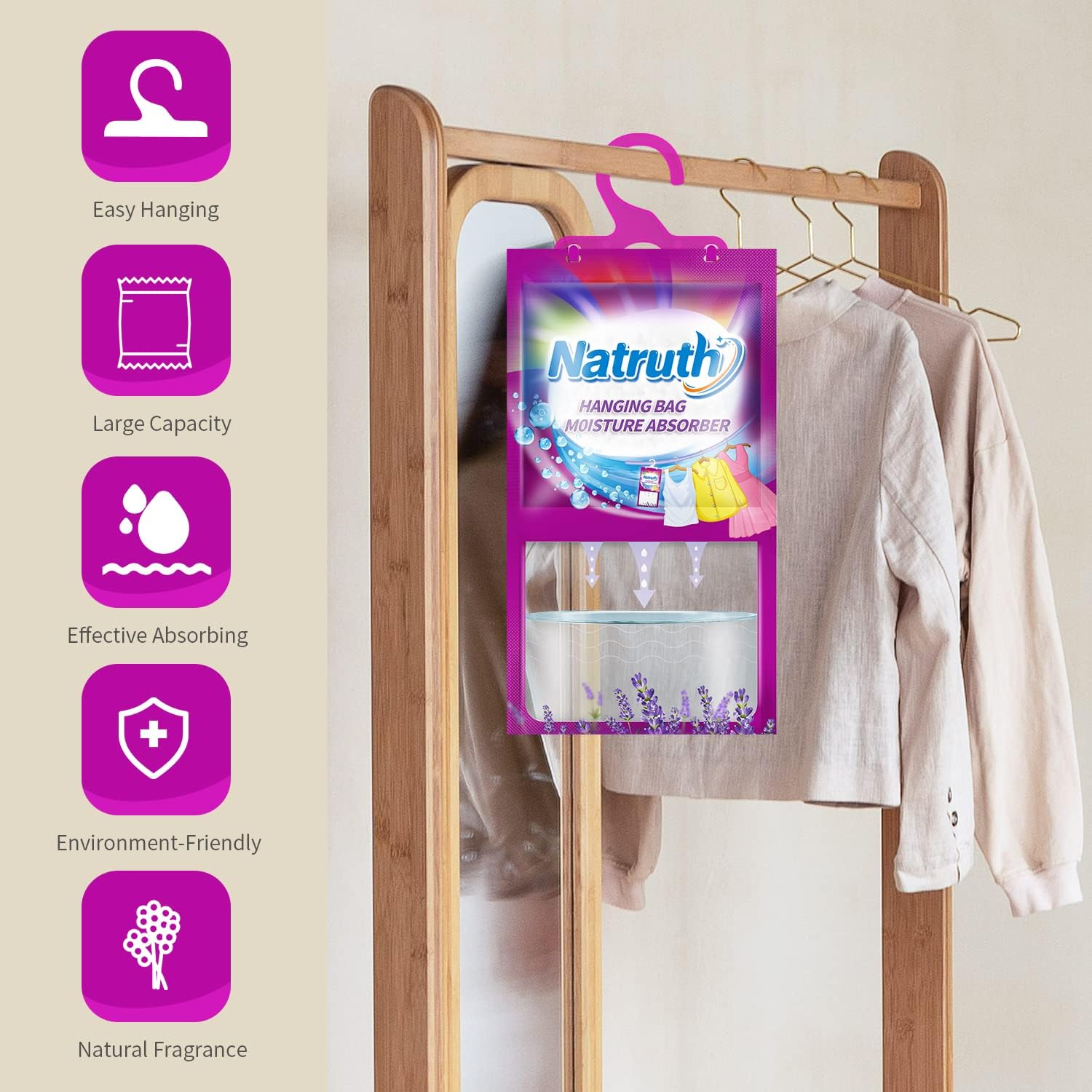 NATRUTH High Capacity Hanging Moisture Absorber Bag,12 Packs Lavender Dehumidifier Bags for Closet,Home,Bathroom,278G per Bag, Lasting Damp Absorption image number 3