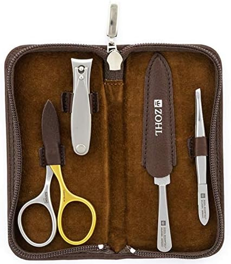 ZOHL Solingen Travel Manicure Set with Self-Sharpening Manicure Scissors in Brown Leather Case Made in Germany (PRE-S44)