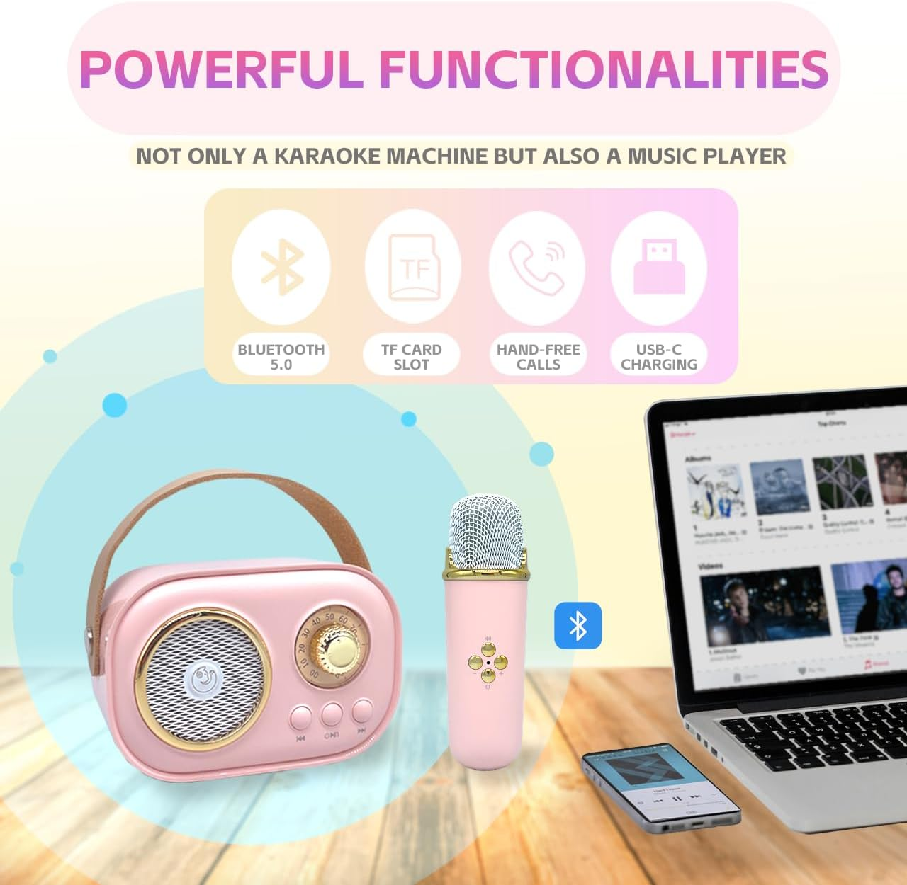 Portable Karaoke Machine for Kids and Adults, Bluetooth Speaker with 2 Wireless Microphones, Fun Gifts for Girls Aged 3-8+ Years, Perfect for Family Parties, Home, Travel, and Birthday