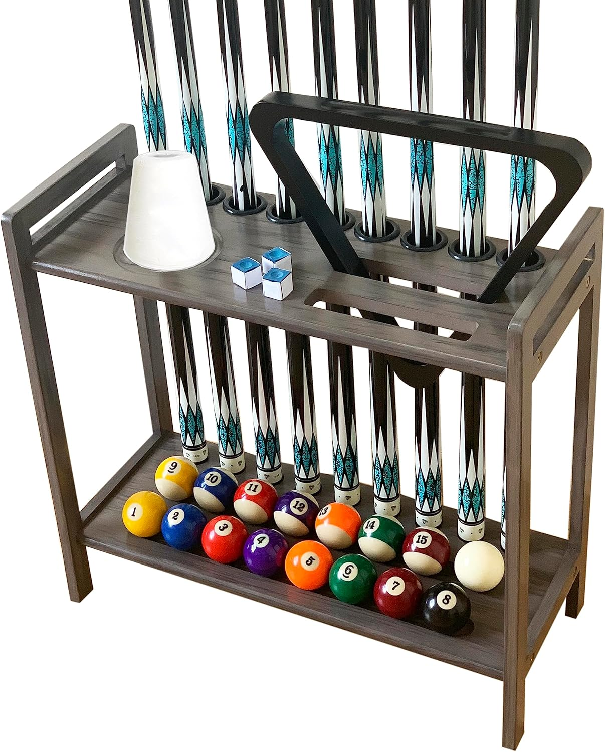 GACCO BILLIARDS Pool Cue Rack Hold up to 8 Sticks & Billiard Accessories. Floor Stand Pool Cue Stick Holder Made of 100% Solid Hardwood.(Traditional Mahogany)