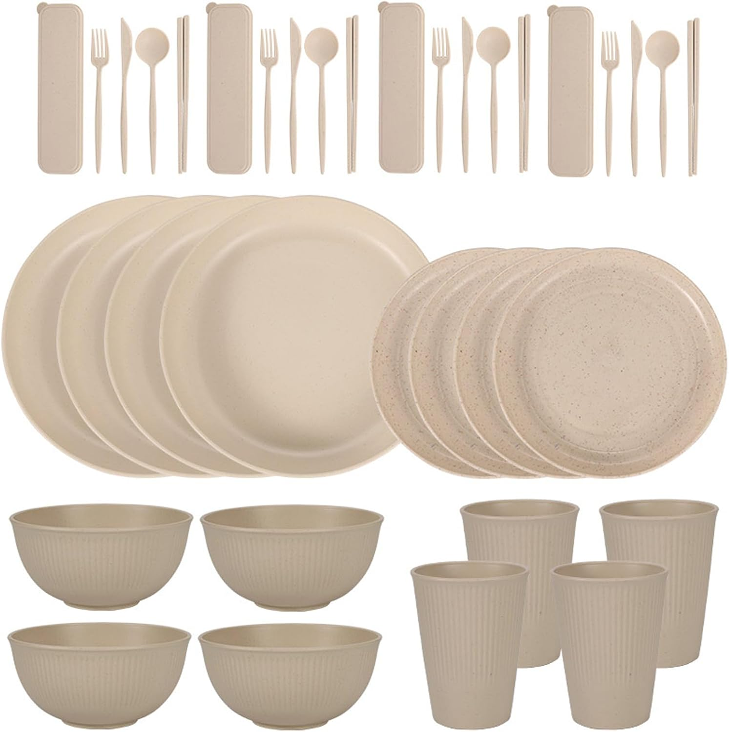 Hapurs 40Pcs Wheat Straw Dinnerware Sets for 4, Unbreakable Dinnerware Sets, Reusable Wheat Straw Plates and Bowls Sets,Travel Camping Cutlery Set, Dishwasher Microwave Safe Dinnerware