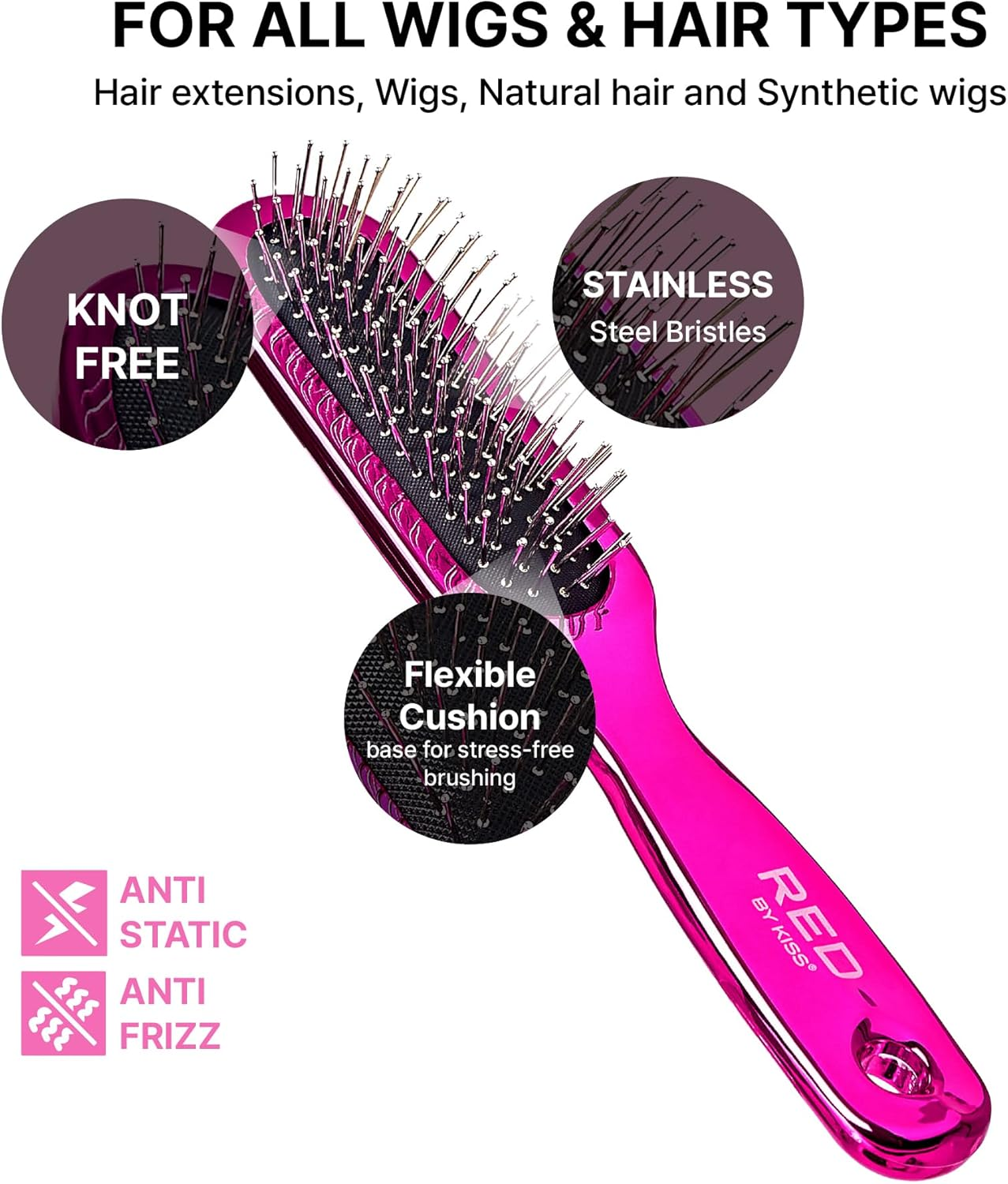 Red by Kiss Wig Brush, Anti-Static & Anti-Frizz for All Hair Types, Stainless Steel Bristles for Easy Detangle, Smooth Hair & Wig without Breakage, No Snag with Knot-Free Bristles (Mini) image number 5