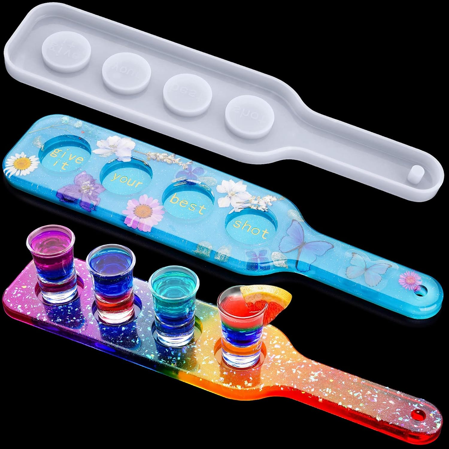 Niart Shot Glass Serving Tray DIY Epoxy Resin Art Silicone Casting Mold, 4 Holes Board Beer Flight Paddle Holder Wine Whiskey Tasting Sampler Hanger Agate Home Decor Gift Crafts Party Clubs UV Plaster