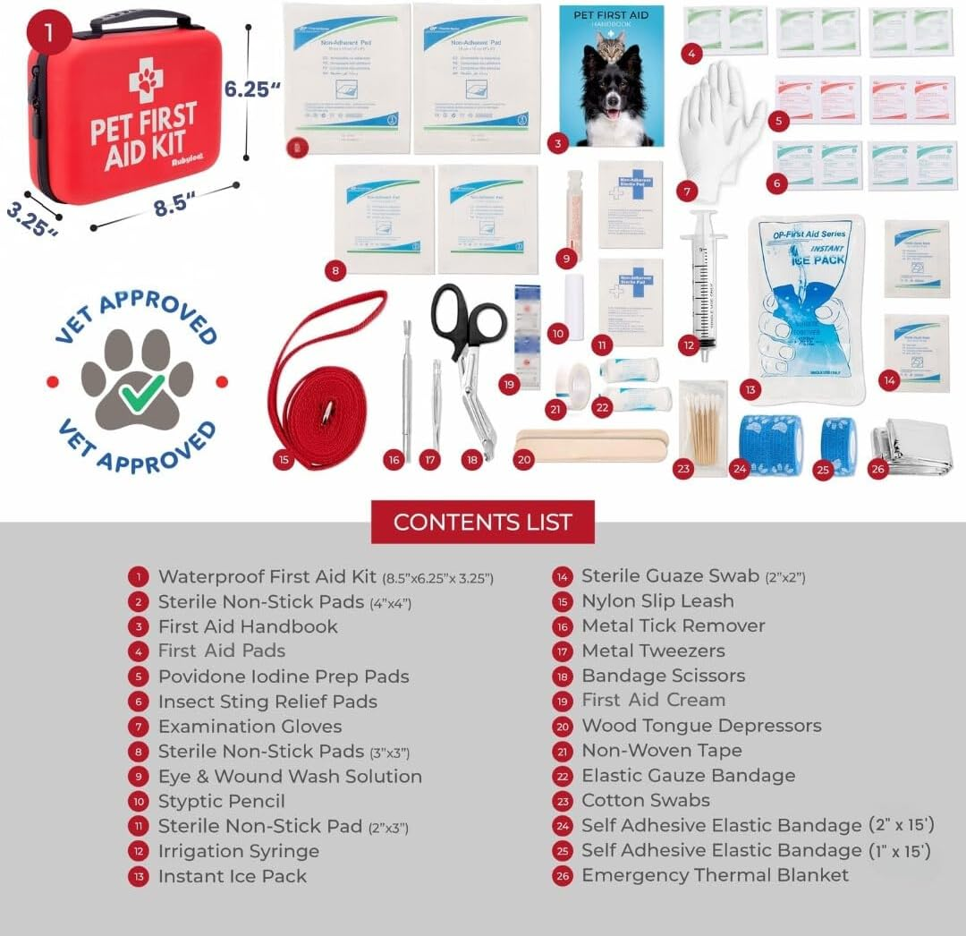 Dog First Aid Kit - Vet Approved Pet First Aid Supplies to Treat Dogs & Cats in an Emergency - Pet First Aid Kit Guide, Tick Remover, Slip Leash & Medical Essentials for Home, Camping, Car, RV, Travel image number 1