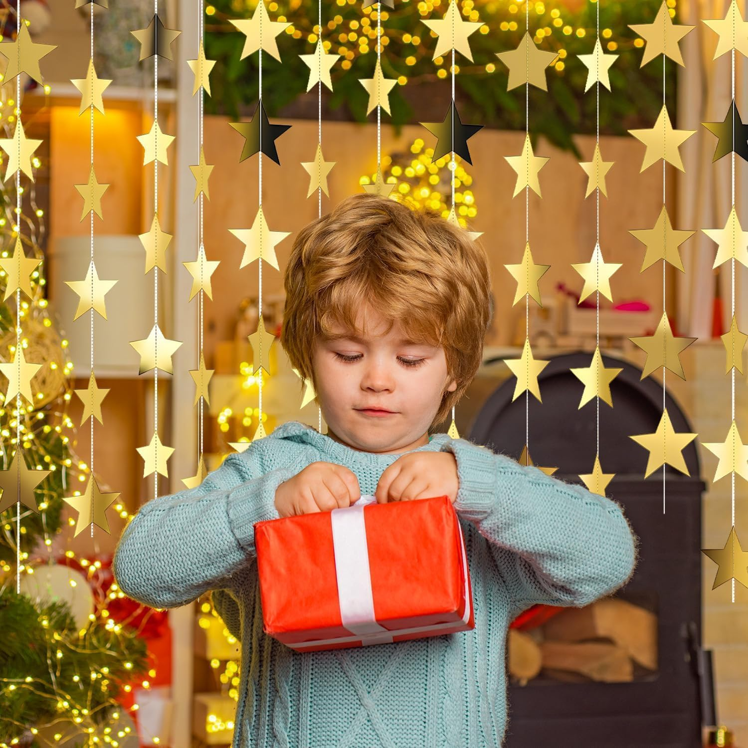 26 Feet Reflective Star Paper Garland - Sparkling Star Bunting Banner Hanging Decoration,Sparkling Star Bunting Banner - for Birthday Holiday Wedding Anniversary Theme Party Supplies and Home Deco image number 6