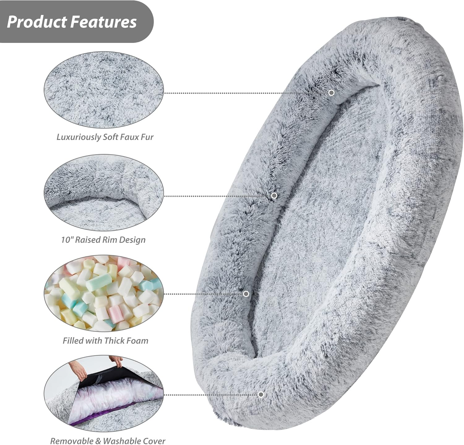 Homguava Large Human Dog Bed 75.5''X55''X12'' Bean Bag for Humans Giant Beanbag with Blanket People, Families, Pets (Grey Plush) image number 6