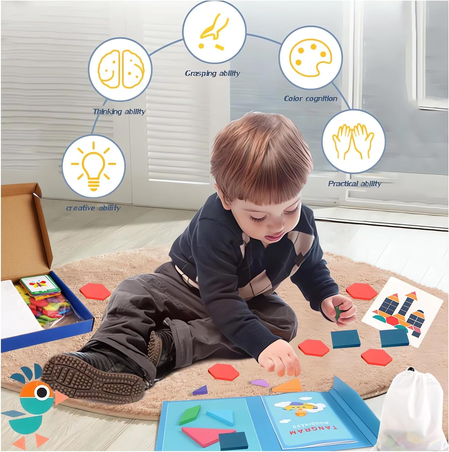 180 Pcs Wooden Pattern Blocks, Tangram Puzzles for Kids Ages 4-8, Montessori Toys Geometric Shapes Puzzle Set with Activity Cards, Educational Learning Toys for Children image number 6