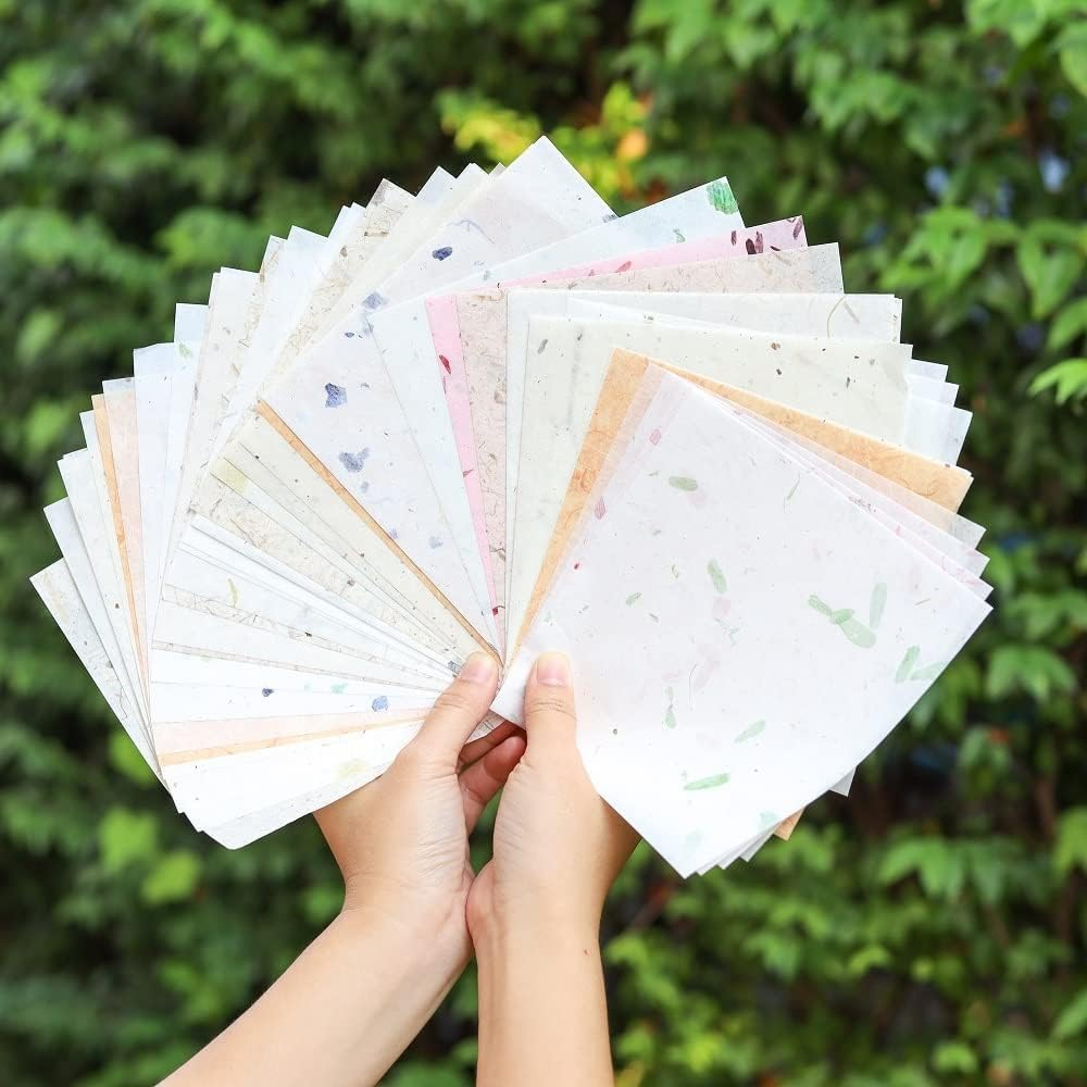 8 X 8 Inches Natural Fiber Leaves Banana Bark Mulberry Paper Sheets 50 Sheets Square Origami Paper Arts Folding Craft, Square Folding Paper for DIY Crafts (Mixed Leaves,Banana Bark, Etc., 8"X8") image number 5