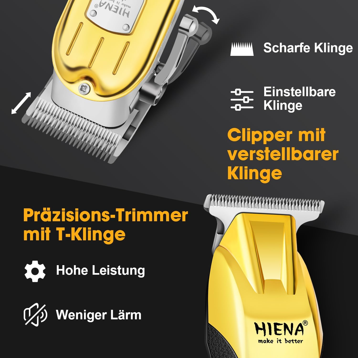 HIENA PRO Professional Hair Trimmer for Men, Hair Trimmer Kit, Beard Trimmer, Battery Hairdresser, Professional Hair Cutting Set, Beard Trimmer, Gold image number 2