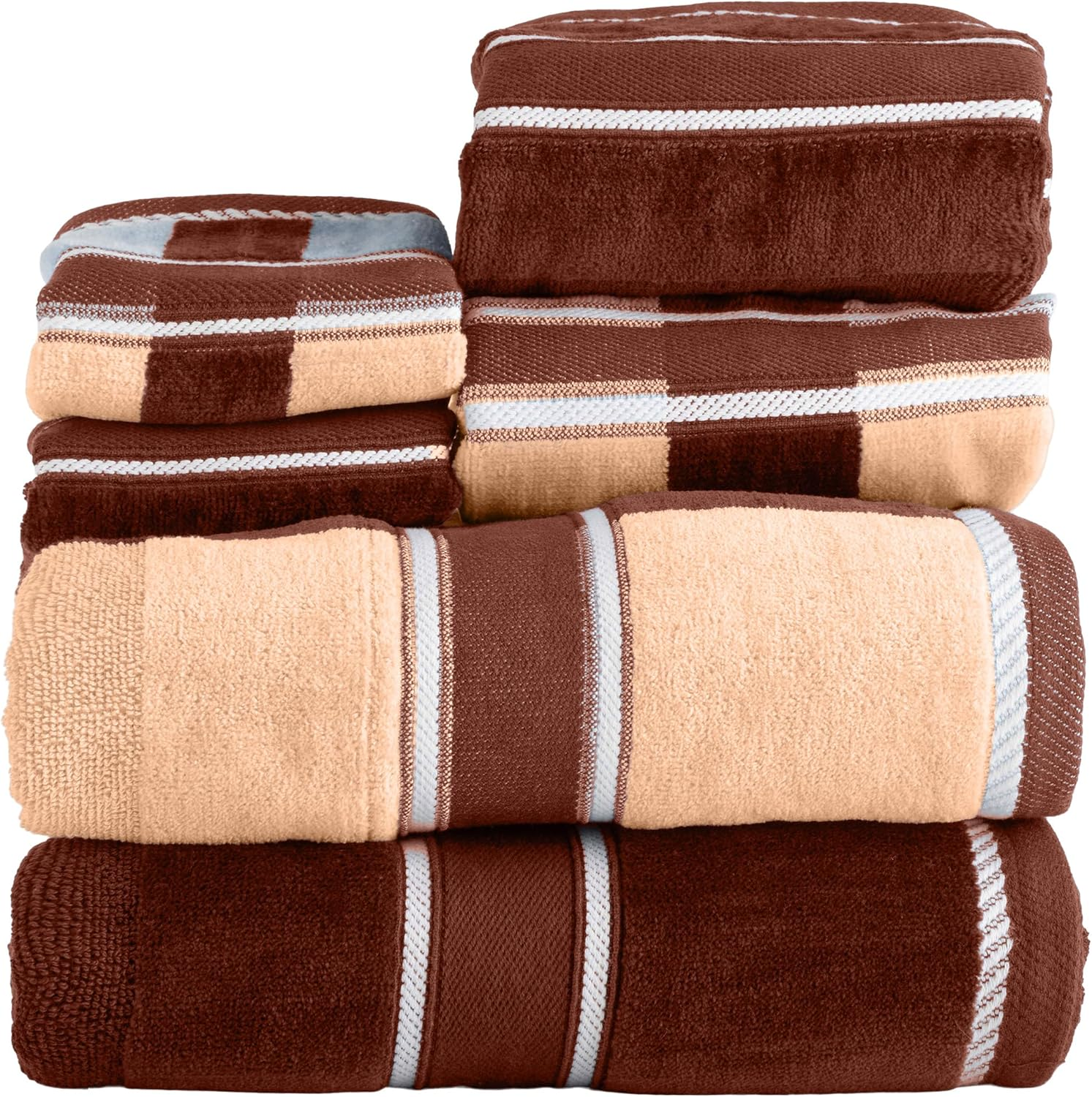 Lavish Home 6-Piece Bath Towels Set - Oakville Beige-Striped 100% Cotton Velour Set with 2 Bath Towels, 2 Hand Towels, and 2 Washcloths By