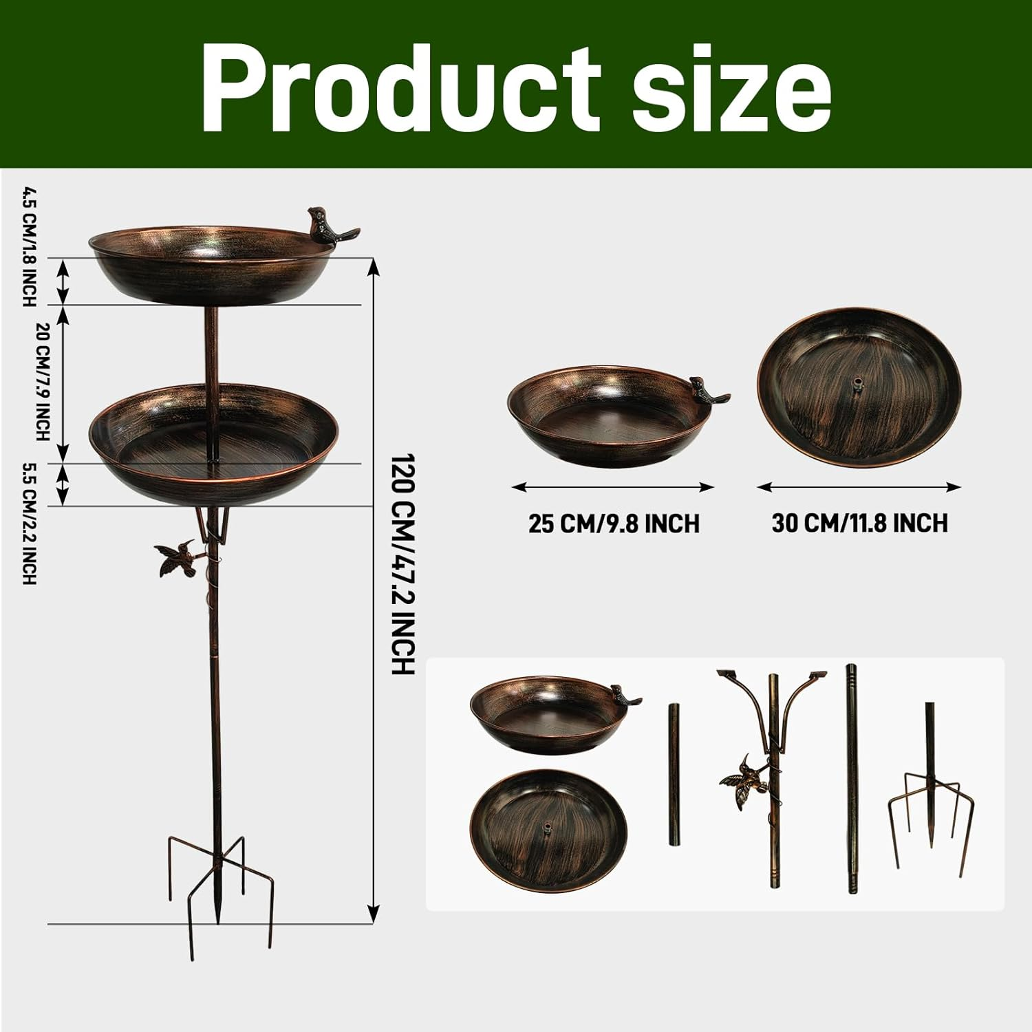 Gripebao 120 Cm Large Metal Bird Bath and Feeder for Outside, Tall Freestanding Birdbaths for Outdoors, Removable Double Water Feeder Bowl with Stable 5-Prong Pedestal for Garden Lawn Patio