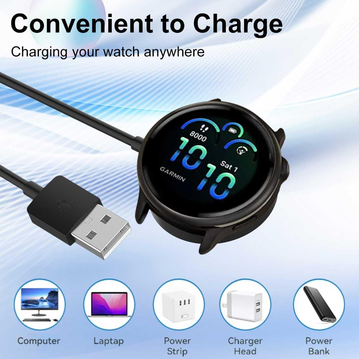 T Tersely USB-A Charging Cable Dock Charger Stand for Garmin Vivoactive 6/5/4/3, 1M for Garmin Tactix8 Amoled/Solar Venu 3/3S/Instinct Fenix 7 7S 7X 6 6S 6X/5 5S 5X/Forerunner 955 265 265S (Black) - Black image number 4