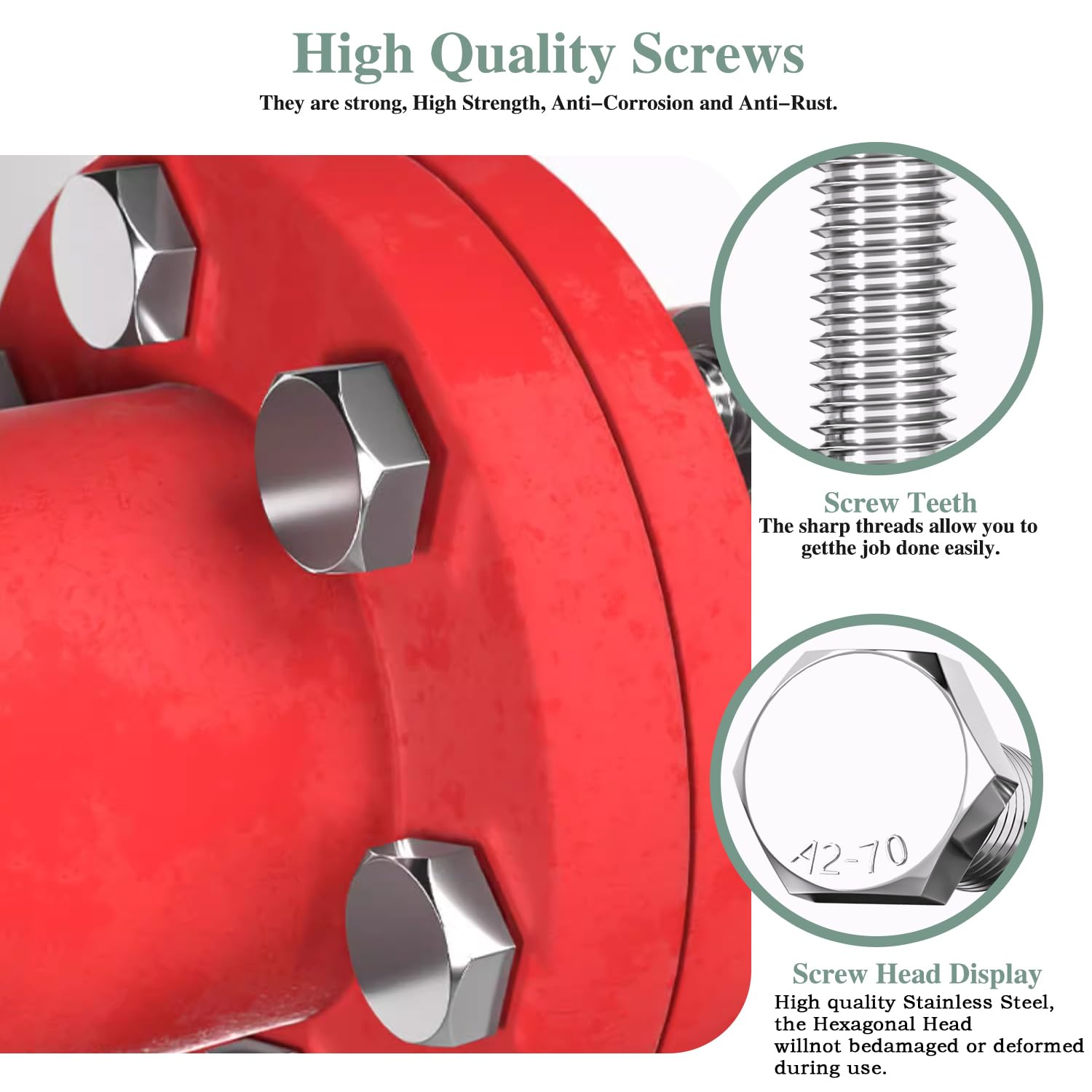 M8&times;50Mm Hex Bolts, Nuts, Flat Washers and Lock Washers, 20Pcs, 304 Stainless Steel, Fully Threaded Screw Bolts image number 2