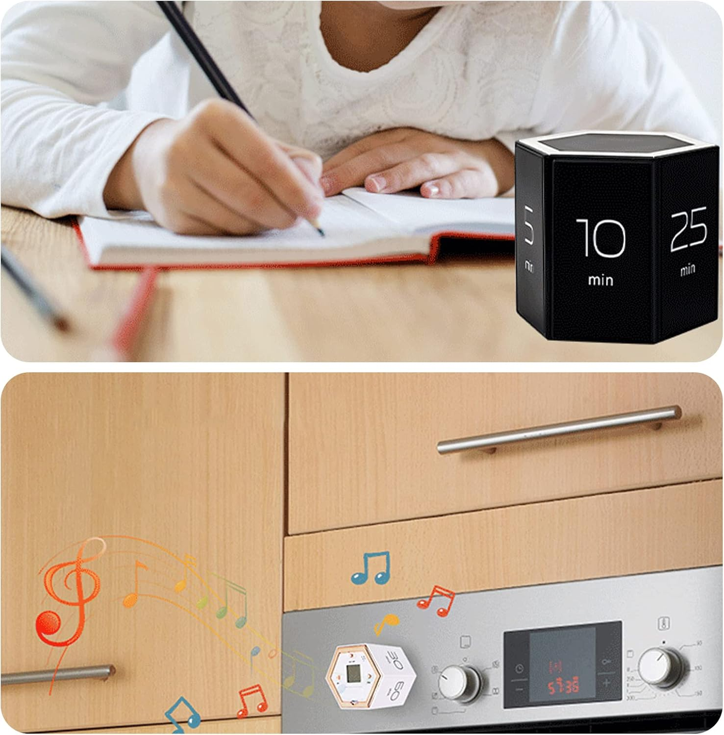 Pomodoro Timer, Hexagonal LED Display Flip Timing Multifunctional Studying Timer, ABS Housing Adjustable Sound Mute Flip Timer for Kitchen (Black) - White image number 3