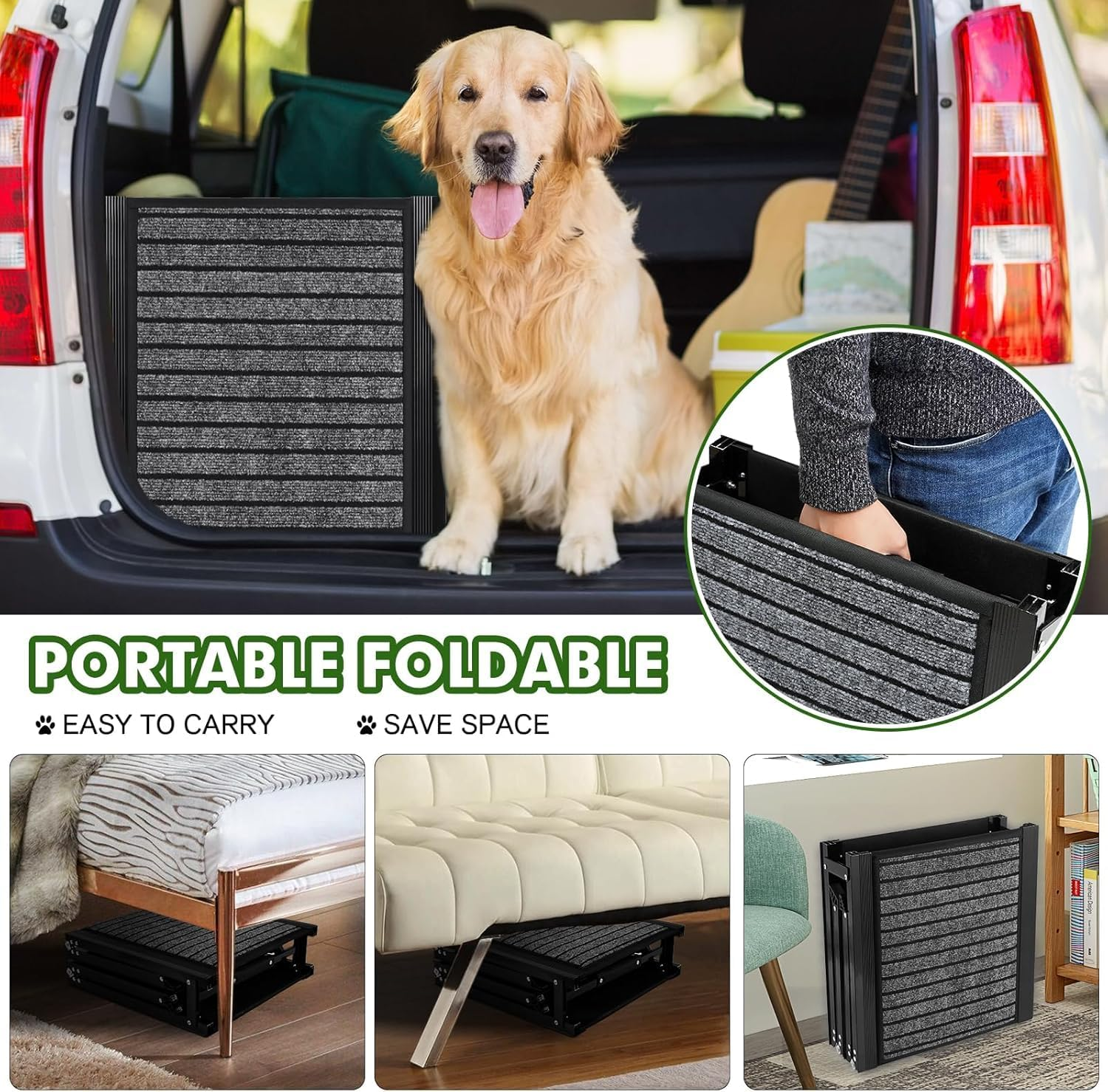 180CM Foldable Dog Car Ramp,48Cm Widen Dog Steps for Large Dogs with Non-Slip Surface,Portable Aluminum Folding Pet Ramp for Dogs,Lightweight Dog Stairs for Cars SUV & Trucks, Supports up to 110KG