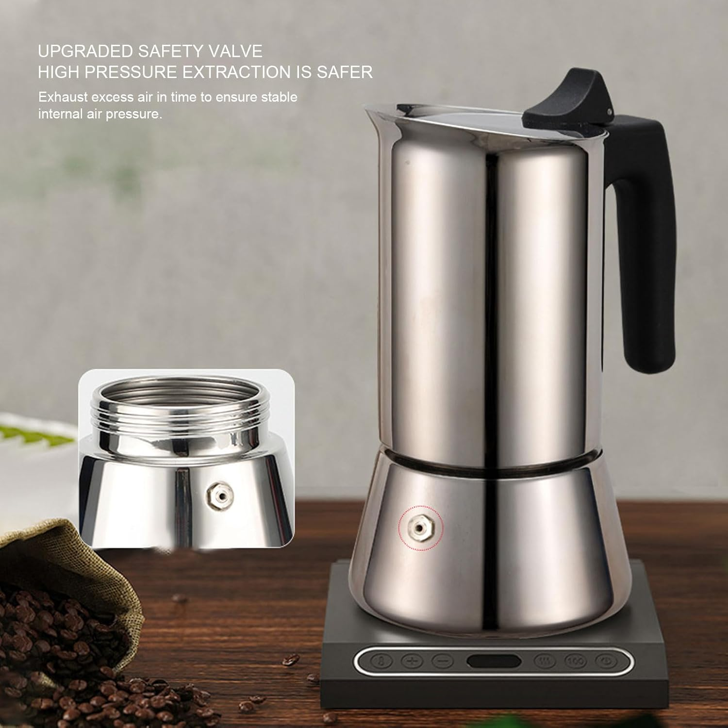 Stainless Steel Moka Pot, Stovetop Coffee Maker with 2 Cups Capacity, Portable Italian Induction Coffee Machine for Home Office Use image number 2