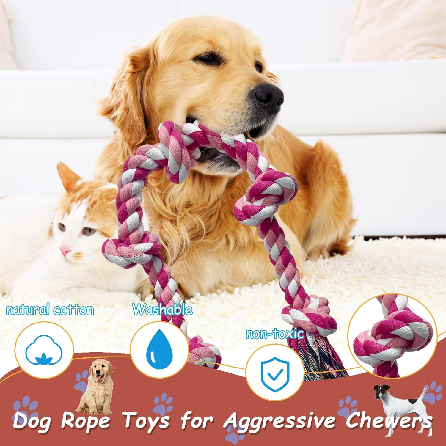 Lmlpt Dog Rope Toy for Large Aggressive Chewers, Heavy Duty Rope Chew Toy Indestructible Tough Tug of War Pink Dog Toys,3 Feet 5 Knots Interactive Cotton Ropes Toys for Large Breeds Teeth Cleaning - Blue image number 6