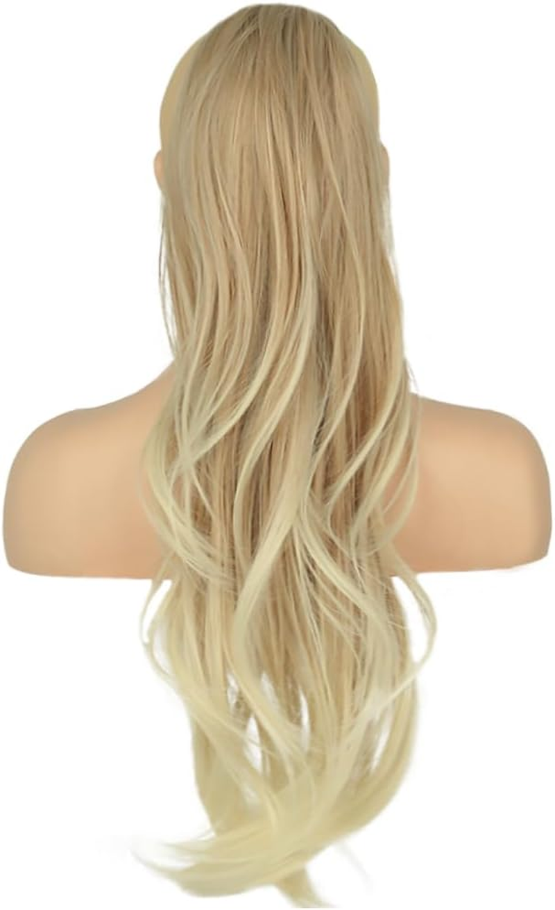 PORSMEER Long Braid Ponytail Hairpiece Hair Extension with Drawstring Long Straight Wavy Natural Synthetic Hair Ponytail Extensions Brown with Blonde for Women Afro Ladies, 65 Cm