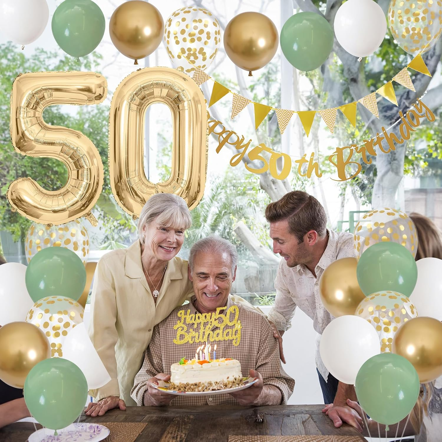 Sage Green 50Th Birthday Decoration with Banner, Garland, Number 50 Balloons, Cake Decoration, Gold Party Balloons for 50 Years Celebration
