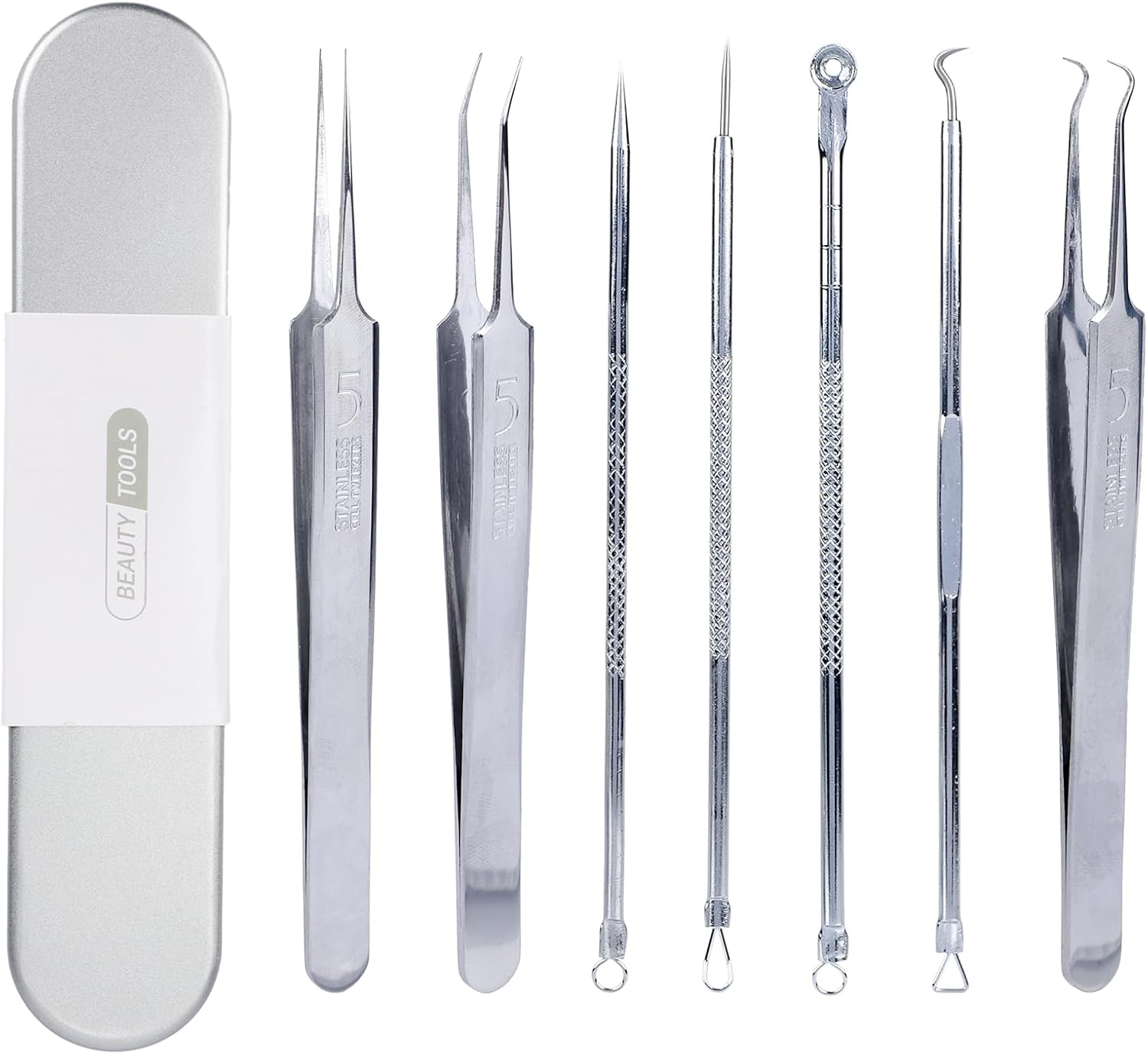 Lasuroa 7Pcs Pimple Popper Tool Kit, Blackhead Remover Tool Stainless Steel Comedone Extractor Blackhead Tweezers for Face Nose Cleaning image number 4
