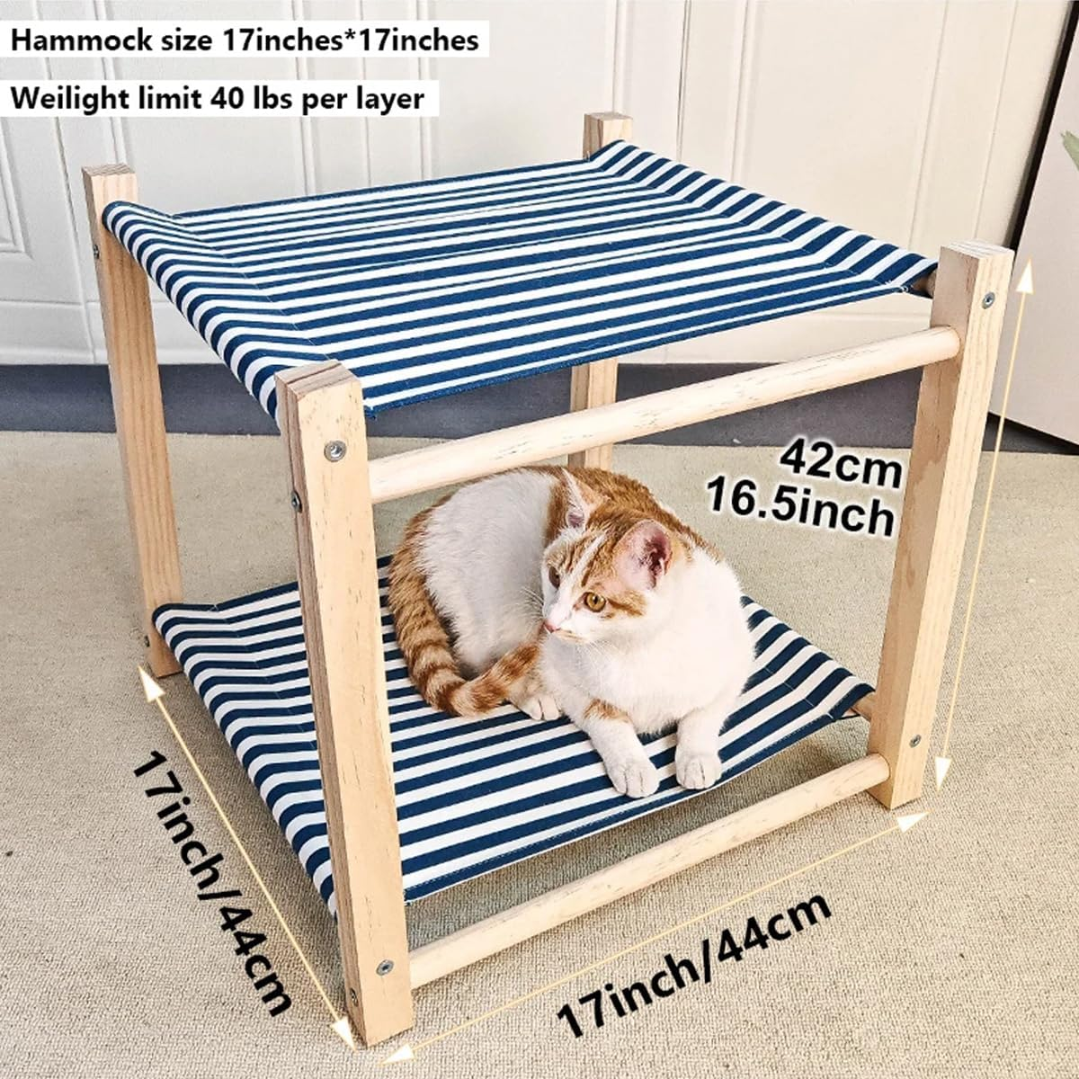 AIMALL Solid Wood Dual-Layer Cat Hammock, Detachable and Washable, Breathable Cat Bed for All Seasons, Moisture-Proof, 17X17X16.5 Inches image number 2
