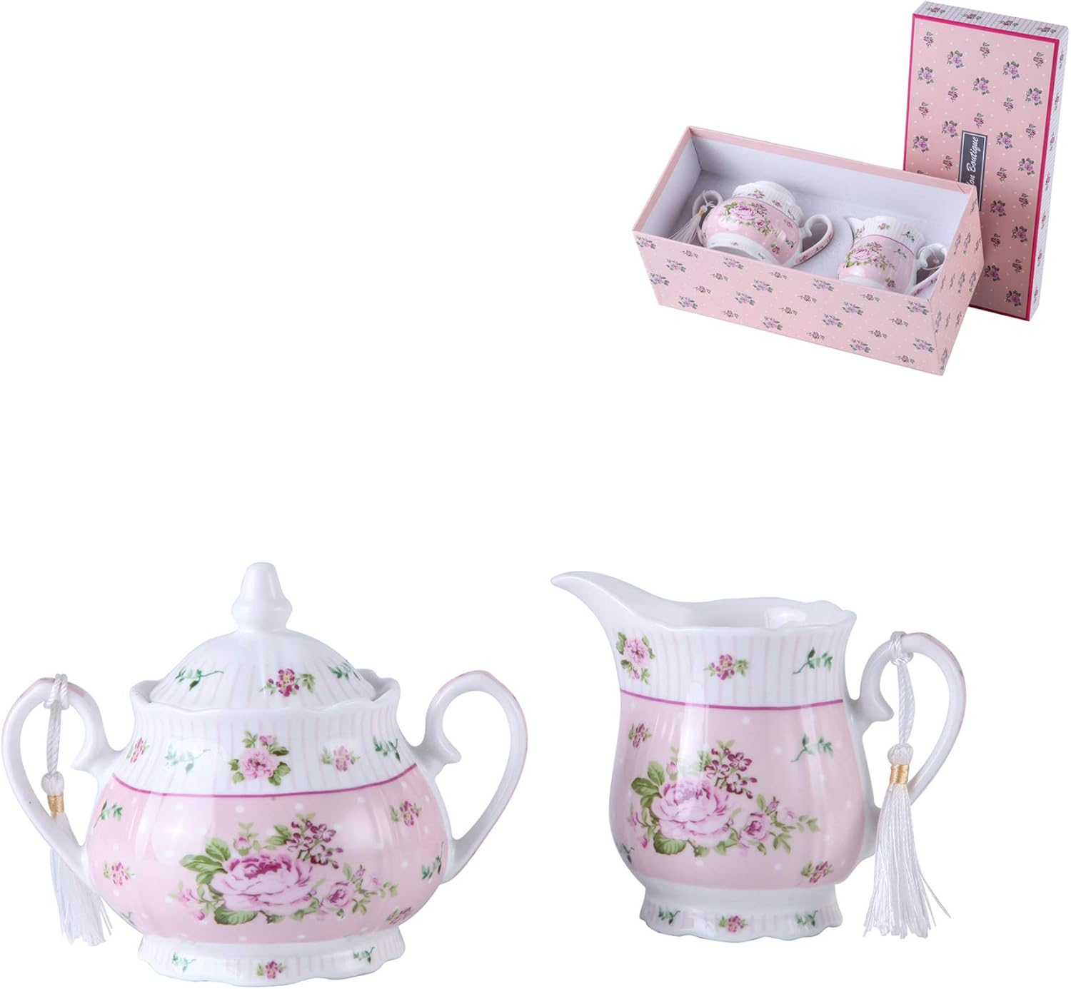 London Boutique Porcelain Teapot Sugar Bowl and Cream Milk Jug Shabby Chic Vintage Floral in Gift Box 40Oz (Teapot Rose Pink)