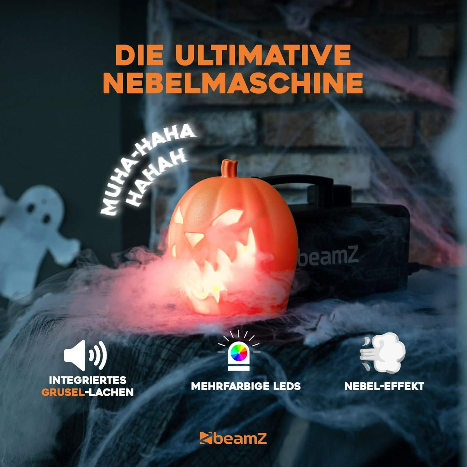 Beamz S553L Fog Machine Halloween Decoration with LED Pumpkin Head - 550 Watt Smoke Machine with 250 Ml Liquid, 2-In-1 with Halloween Pumpkin Decoration