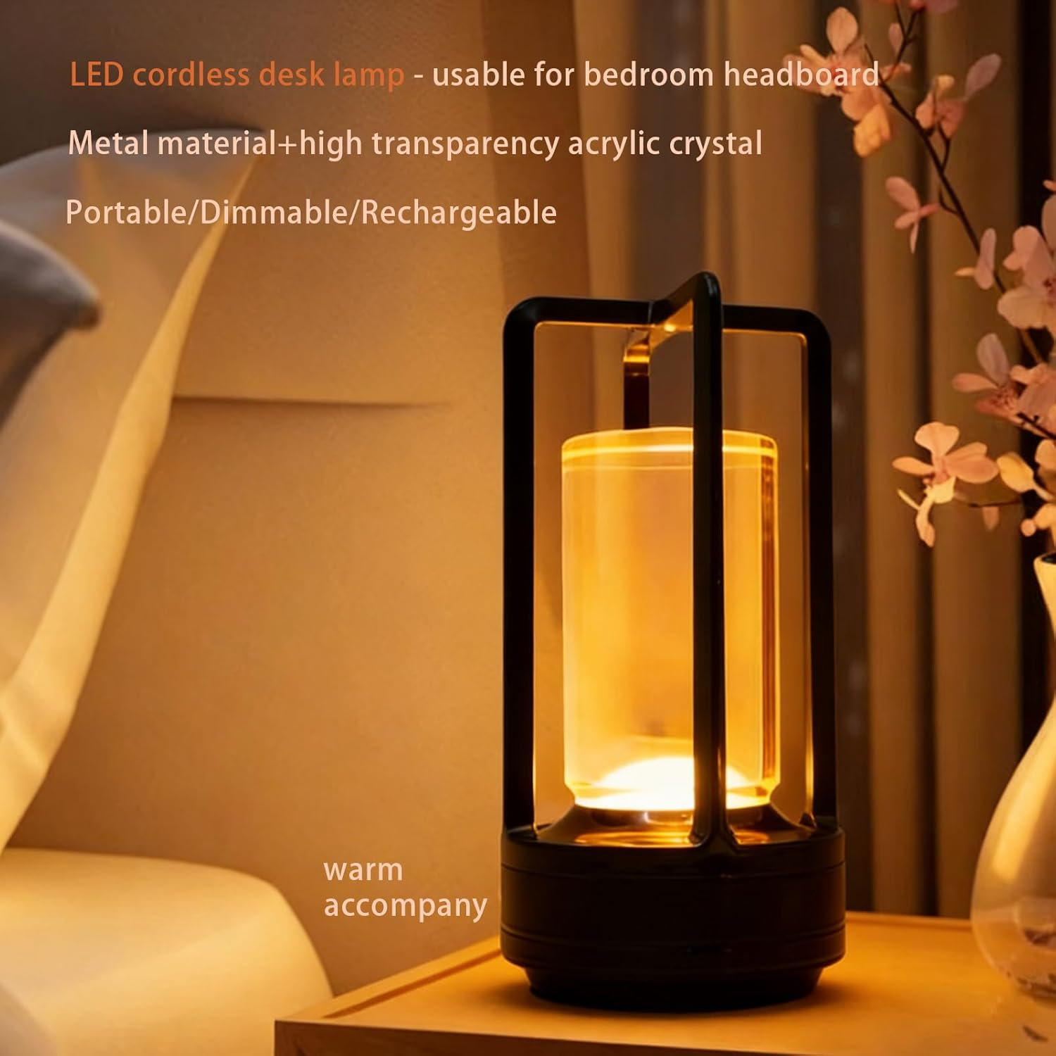 Candico Cordless Bedside Table Lamp Rechargeable Portable Touch,2000Ma Battery Operated Lamps LED Night Light,3Color Stepless Dimming Crystal Lantern Suitable Bedrooms,Bars,Cafes,Camping,Black - Silvery image number 4