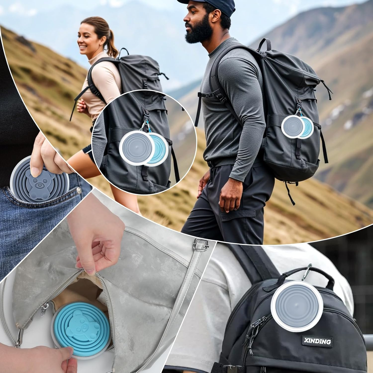 WRENYZK Pack of 2 Foldable Cups with Lid, 250 Ml, Reusable Foldable Cup, Travel Mug, Portable Silicone Cup, Outdoor Camping Folding Cup for Travel, Sports, Picnic, Hiking (Blue, Grey) image number 1