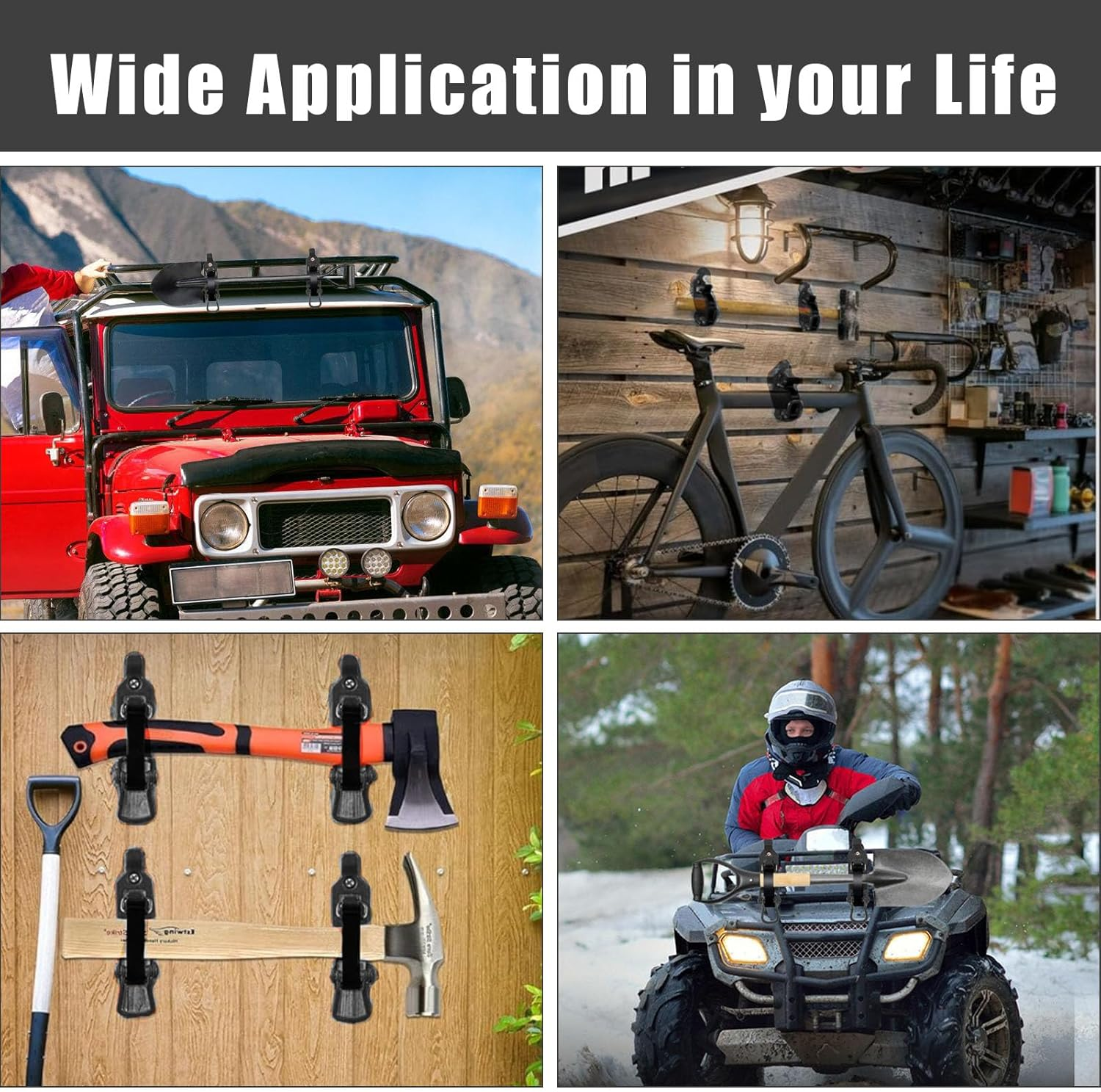 4Pcs Shovel Mount for Roof Rack, Metal Rubber Clamp Mounting Brackets Kit, Shovel Holder for Truck, Car Accessories for Boats,Military Equipment,Overlanding Gear, Quick Release Axe Tool Holder image number 4