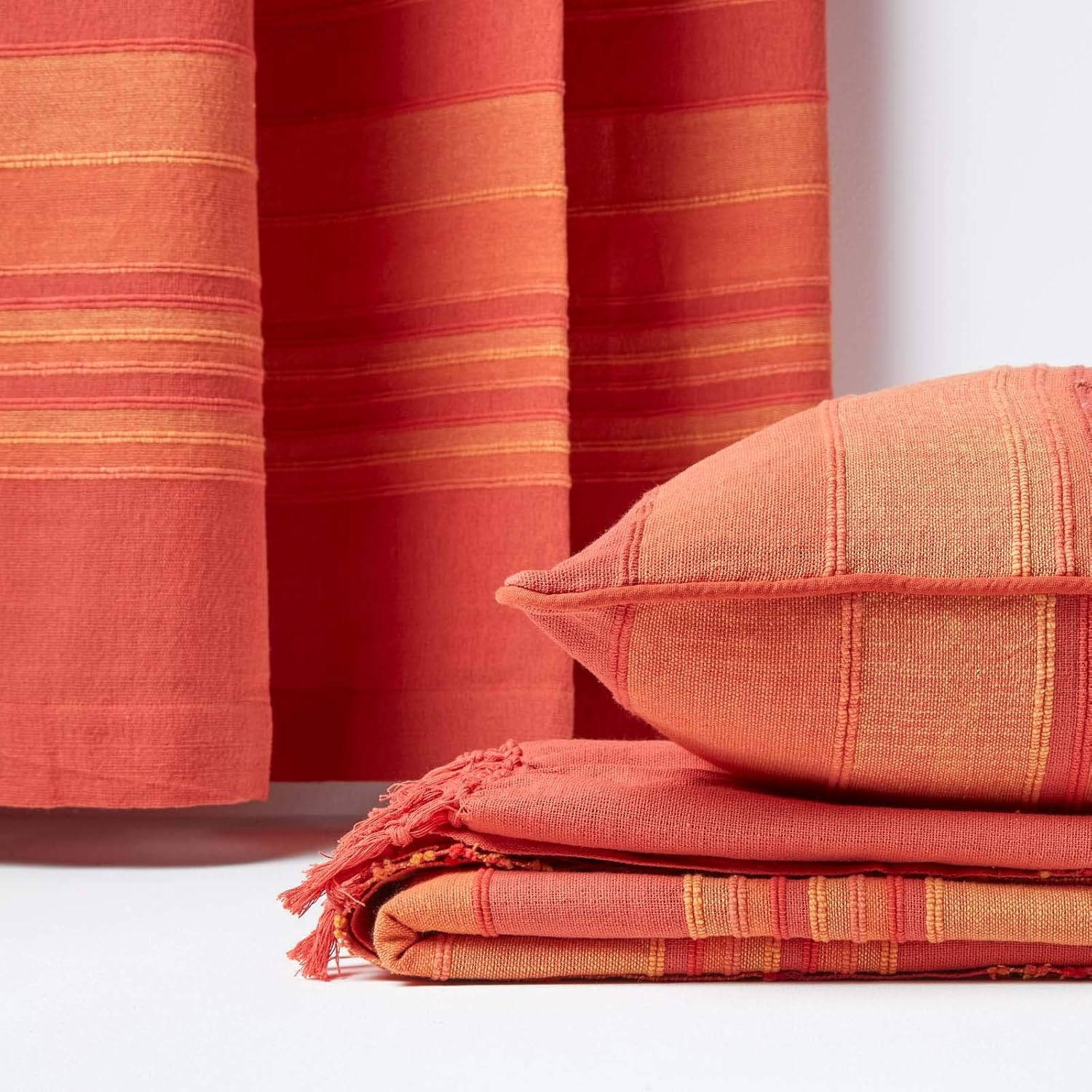 HOMESCAPES Morocco Orange Sofa Throw 100% Cotton Soft Blanket 150 X 200 Cm Orange Terracotta Striped with Fringes image number 1
