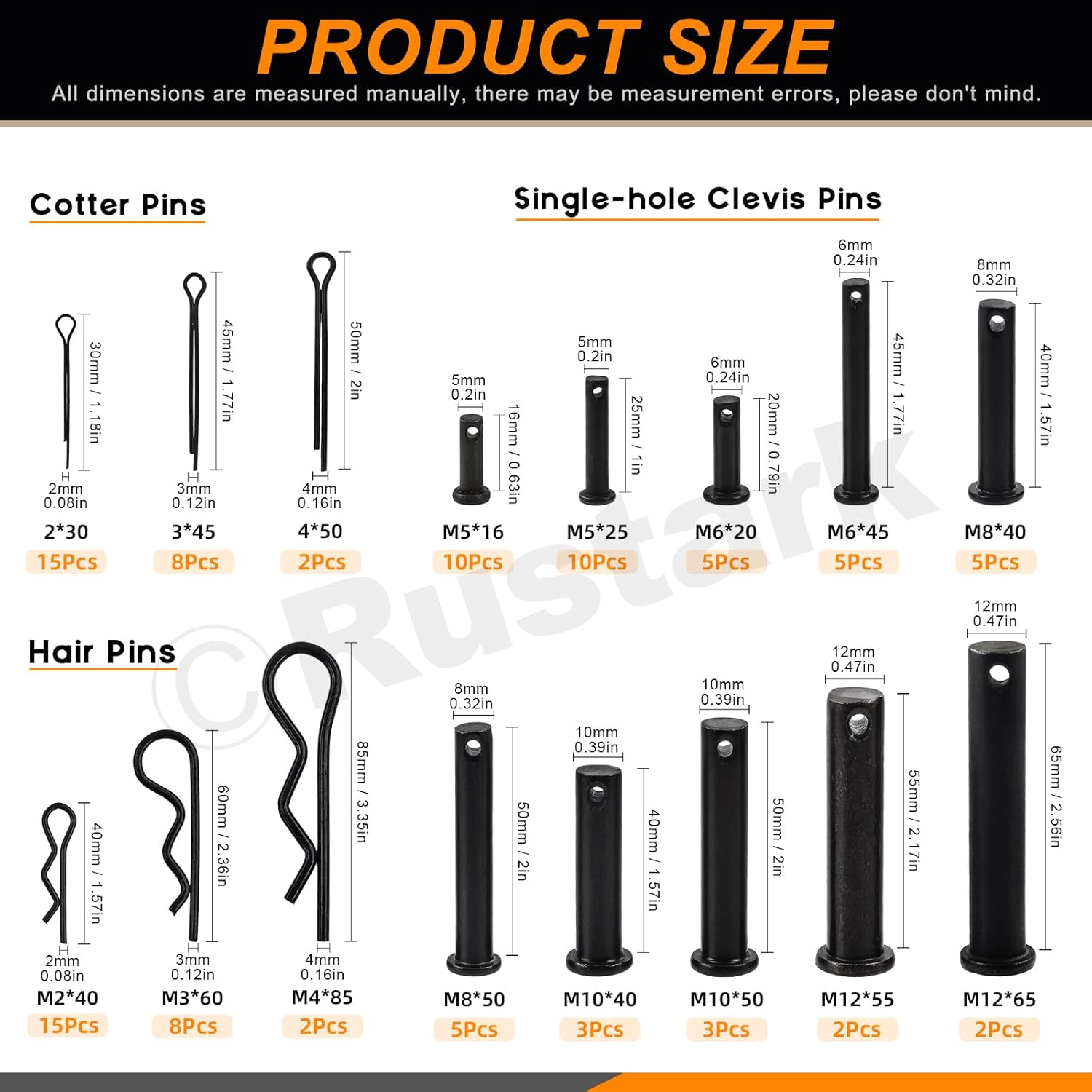 Rustark 100Pcs 16 Sizes M2 M3 M4 M5 M6 M8 M10 M12 Black Cotter Pin Hair Pin Clevis Pin Assortment Kit Zinc Plated R Clips Hair Pins Spring Pin Fasteners Hitch Pin Clips for Automotive Mechanics image number 2
