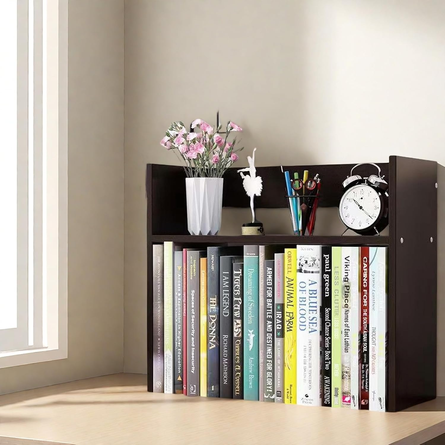 Desktop Wooden Bookshelf Organiser with Top Storage Shelf, 2-Tier Design Bookcase A205 (Black)