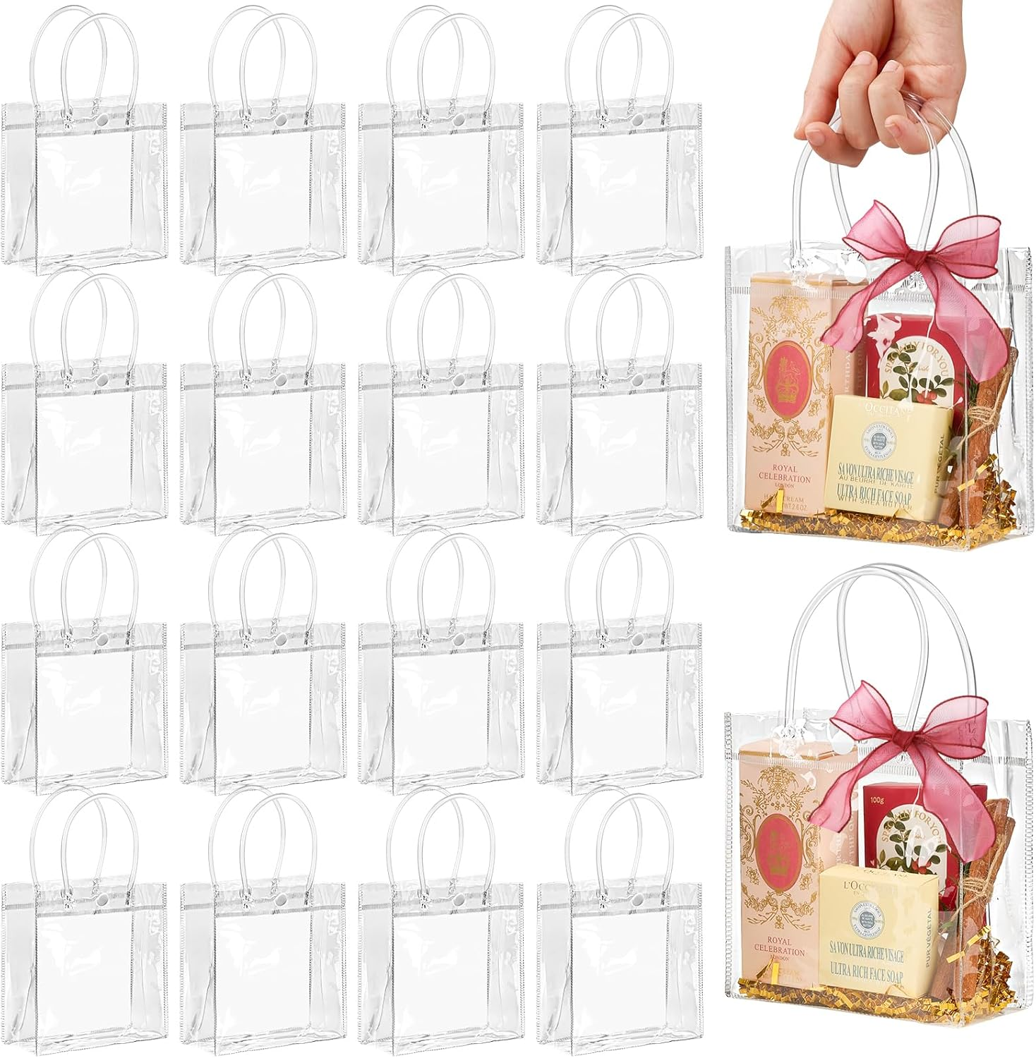 16 Pack Clear Plastic Gift Bags with Handles, 5.9" X 6.3" X 2.8" Reusable Transparent Party Favor Bags PVC Goodie Bags Bulk for Wedding, Baby Shower, Birthday