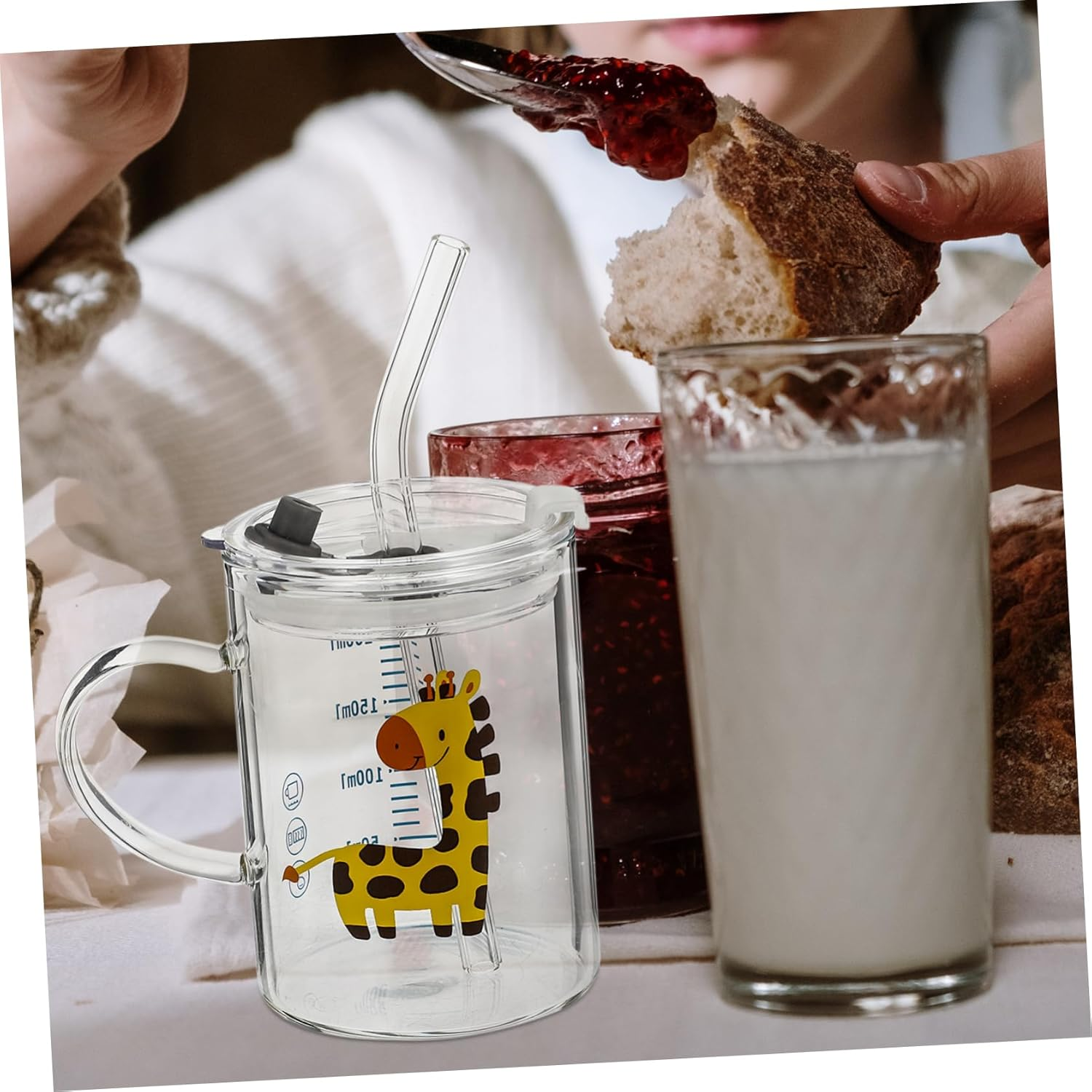 COLLBATH Cartoon Water Cup for Kids 250Ml Glass Straw Cup Deer Pattern Comfortable to Hold Microwave Safe Multi-Functional image number 5