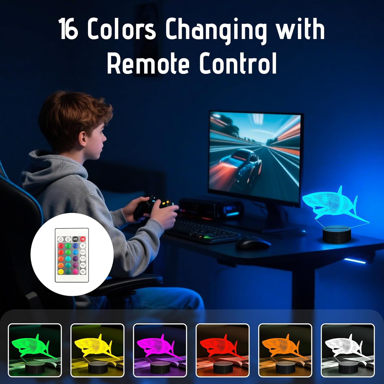 3D Shark Lamps Ocean Animal 3D Illusion Nightlights Led Timer Desk Dimmable Table Shark16 Color Changing Lights with Remote Control for Kids Boys Girls Children Holiday Birthday Xmas Gift image number 2