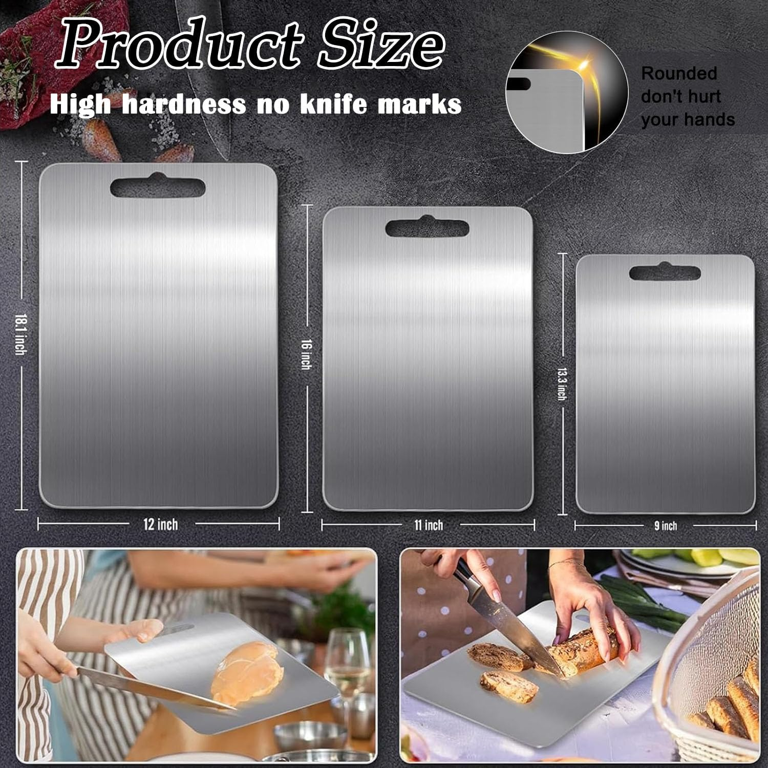 Wakouter Stainless Steel Cutting Board, 3PCS 304 Cutting Boards for Kitchen, Double Sided Food Grade Chopping Boards, Stainless Steel Chopping Board Set for Meat, Fruit, Vegetables, Dishwasher Safe