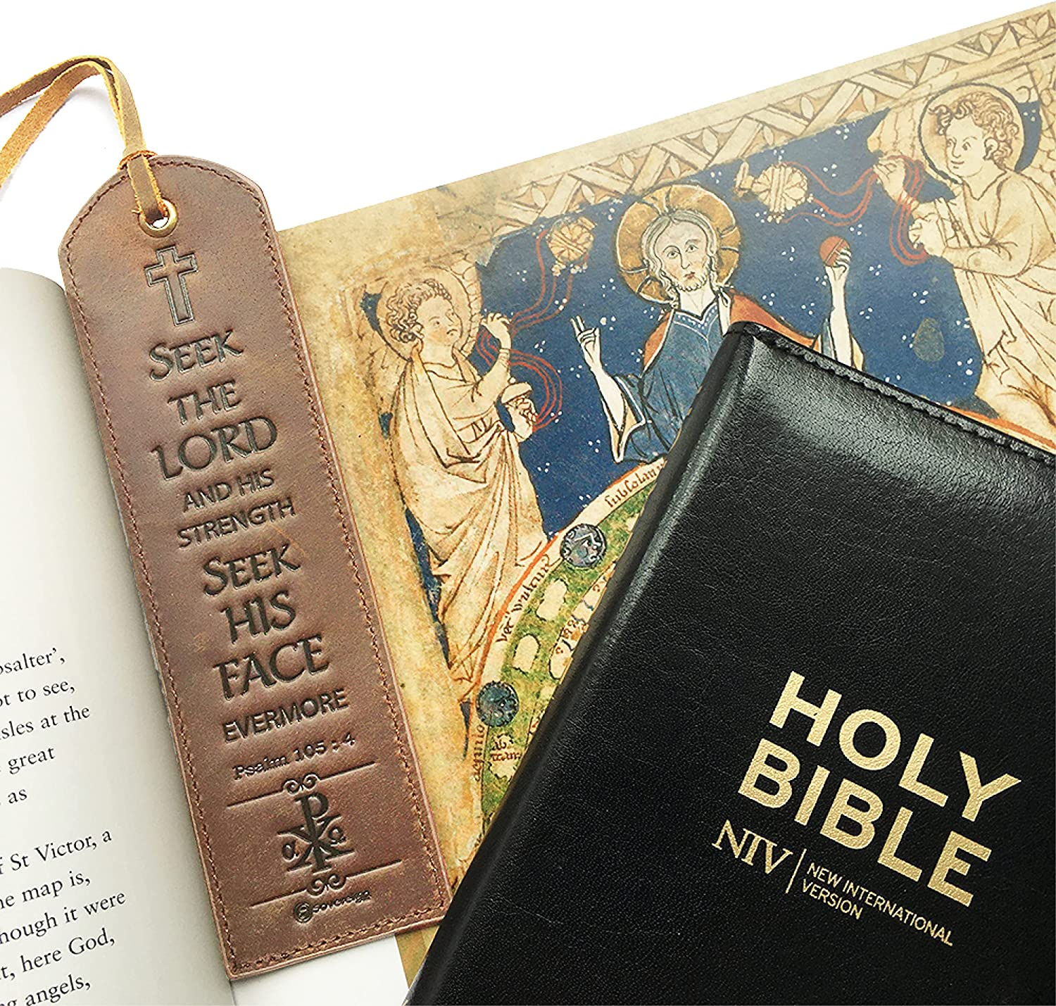 Leather Bible Bookmarks - 2 Leather Christian Bookmarks with Inspirational Bible Verse | Psalm 105: 4 Seek the Lord and His Strength | Religious Book Marker Gifts for Men, Women, Readers and Friends image number 1