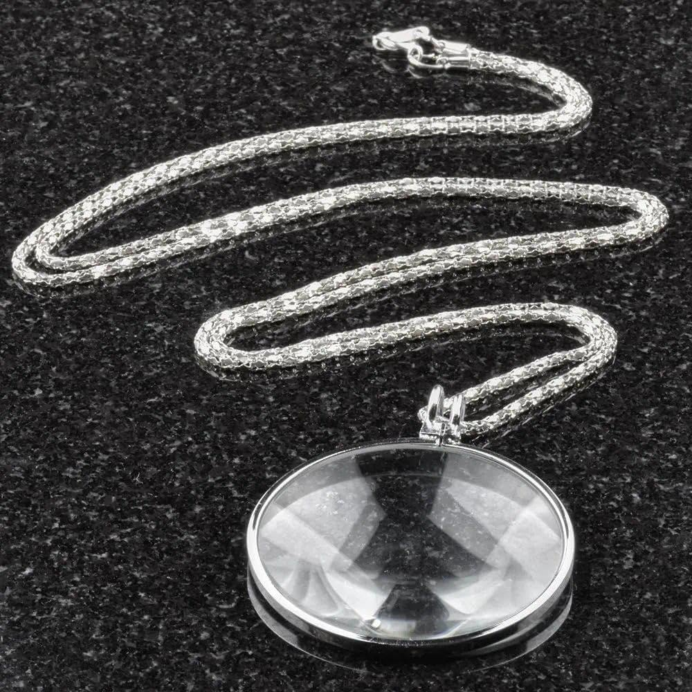 Magnifying Glass Pendant Necklace 5X Magnifier Wearable Magnifying Glass Jewelry for Reading, Monocle Glass Prop, Glass for Elderly & Hobbyists, Silver Alloy Necklace-Ermaoo