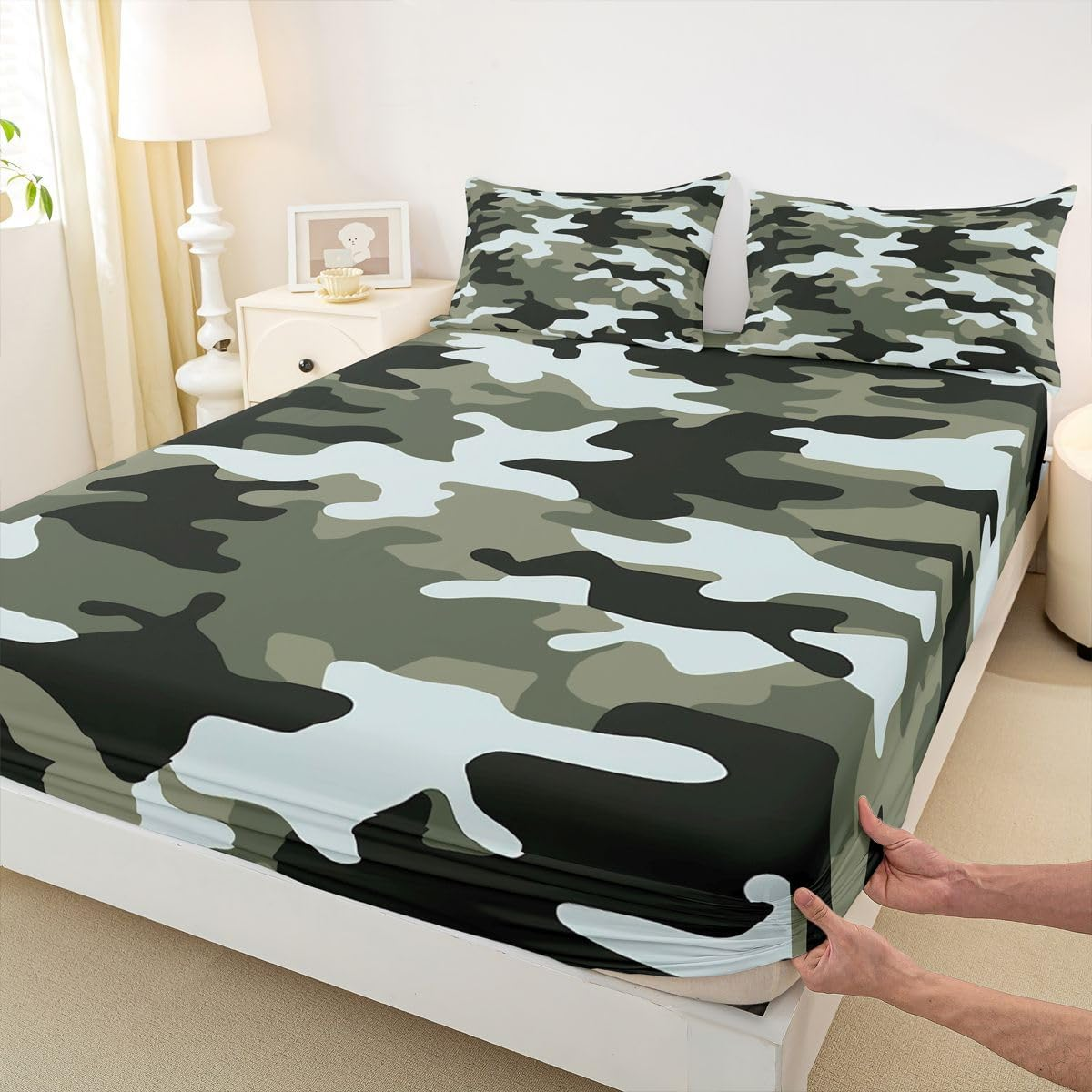 Boys Cartoon Camo Bed Sheet Queen Size Army Green Camouflage Bedding Set 4Pcs for Kids Men Youth Bedroom Decor Soldier Lover Deep Pocket Fitted Sheet Green Abstract Top Flat Sheet,2 Pillowcases image number 4