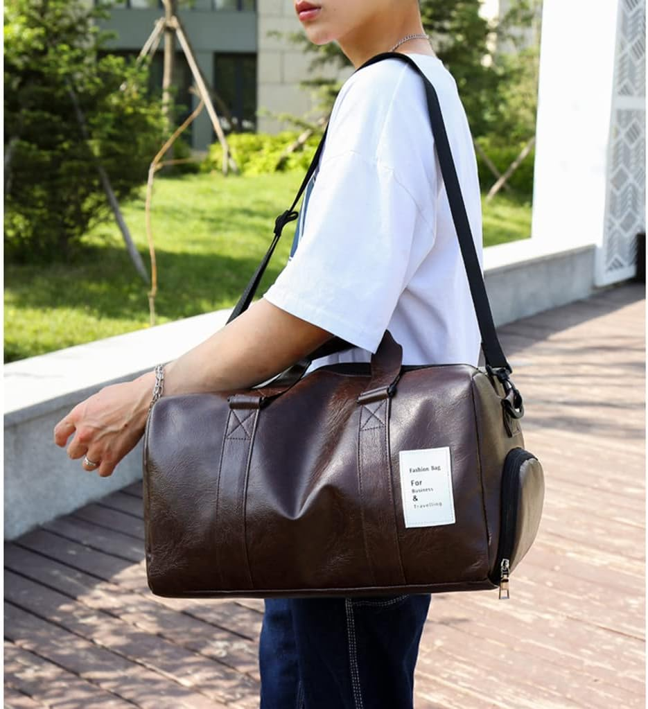 ANNI RIEL Leather Gym Bag Travel Duffel Bag with Shoe Compartment, Fashion Waterproof Duffel Bag Carry on Tote Weekender Overnight Bag, Brown, 40 X 24 X 24 CM/15.7 X 9.4 X 9.4 Inch - Black image number 2