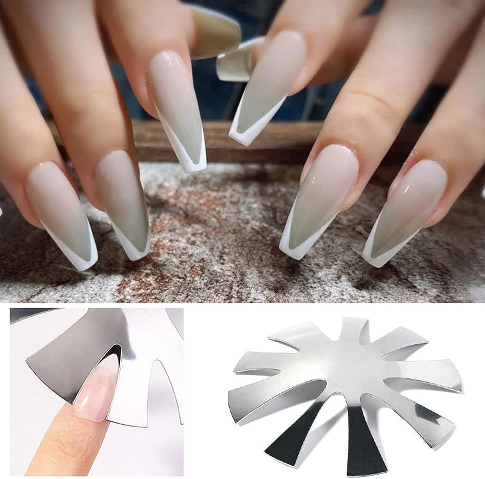 Pack of 2 Acrylic Nail Edge Trimmer, Almond Shape Easy French Smile Cut V Line Stainless Steel Manicure Edge Trimmer French Nails Stencil Cutter Tool Set for Acrylic UV Polyacrylic Gel Modelling image number 2
