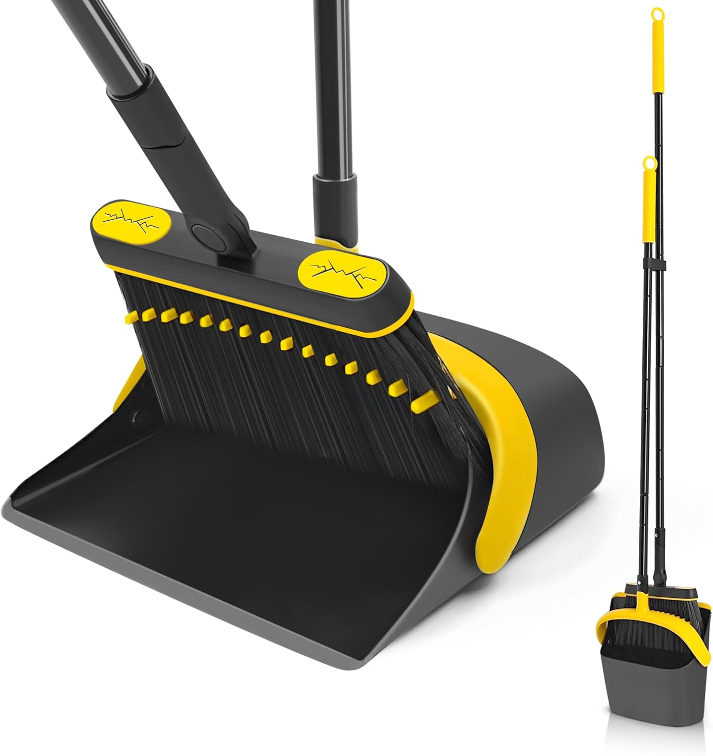 JEHONN Broom and Dust Pan, 138 Cm Long Handle Swivel Brush, Upright Foldable Dustpan with Comb Teeth for Home Kitchen Lobby Indoor Floor Cleaning (Black & Yellow)