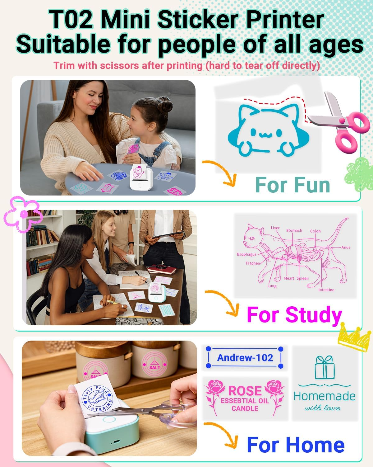 Print Pods Mini Printer - Memoking T02 Sticker Printer Portable Thermal Printer Inkless Printer Sticker Maker Machine Pocket Printer Phone Printer for Study Graphic, Anatomical Diagram, Photo, Green image number 5