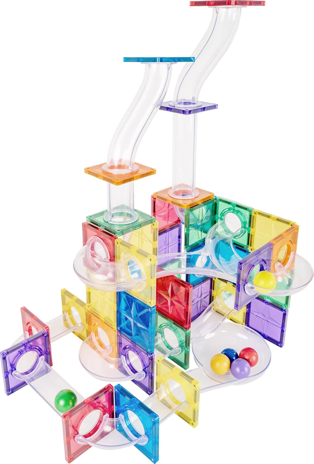 STEAM STUDIO Magnetic Tiles Marble Run 100Pcs, Rivet Secured Magnetic Tiles Connector with Clear Tubes, Building & Construction Toys for Open-Ended Play