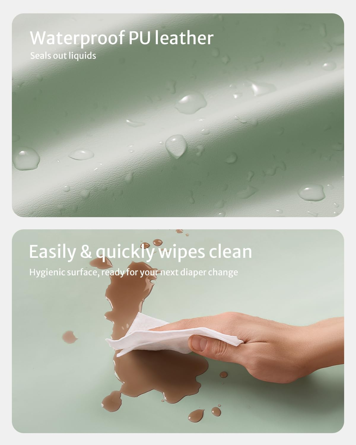 Blissful Diary Vegan Leather Baby Changing Pad with Waterproof & Wipe-Clean PU Cover, Standard Size Cozy Diaper Changing Pad for Dresser and Table, Light Green image number 2